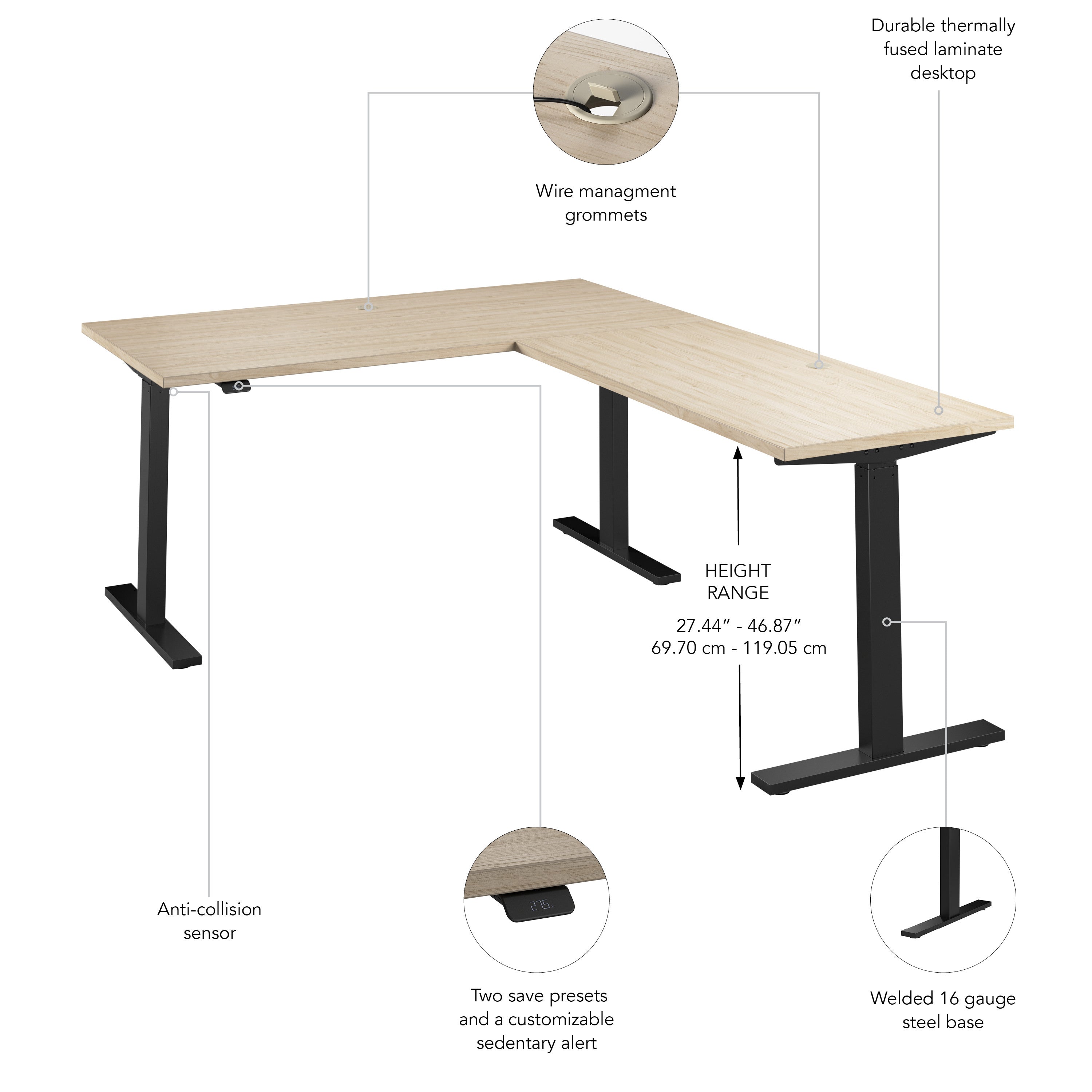 Bush Business Furniture Move 60 Series 60W Height Adjustable L Shaped Standing Desk in Natural Elm with Black Base - 59.45" Width x 76.97" Depth x 27.44" Height