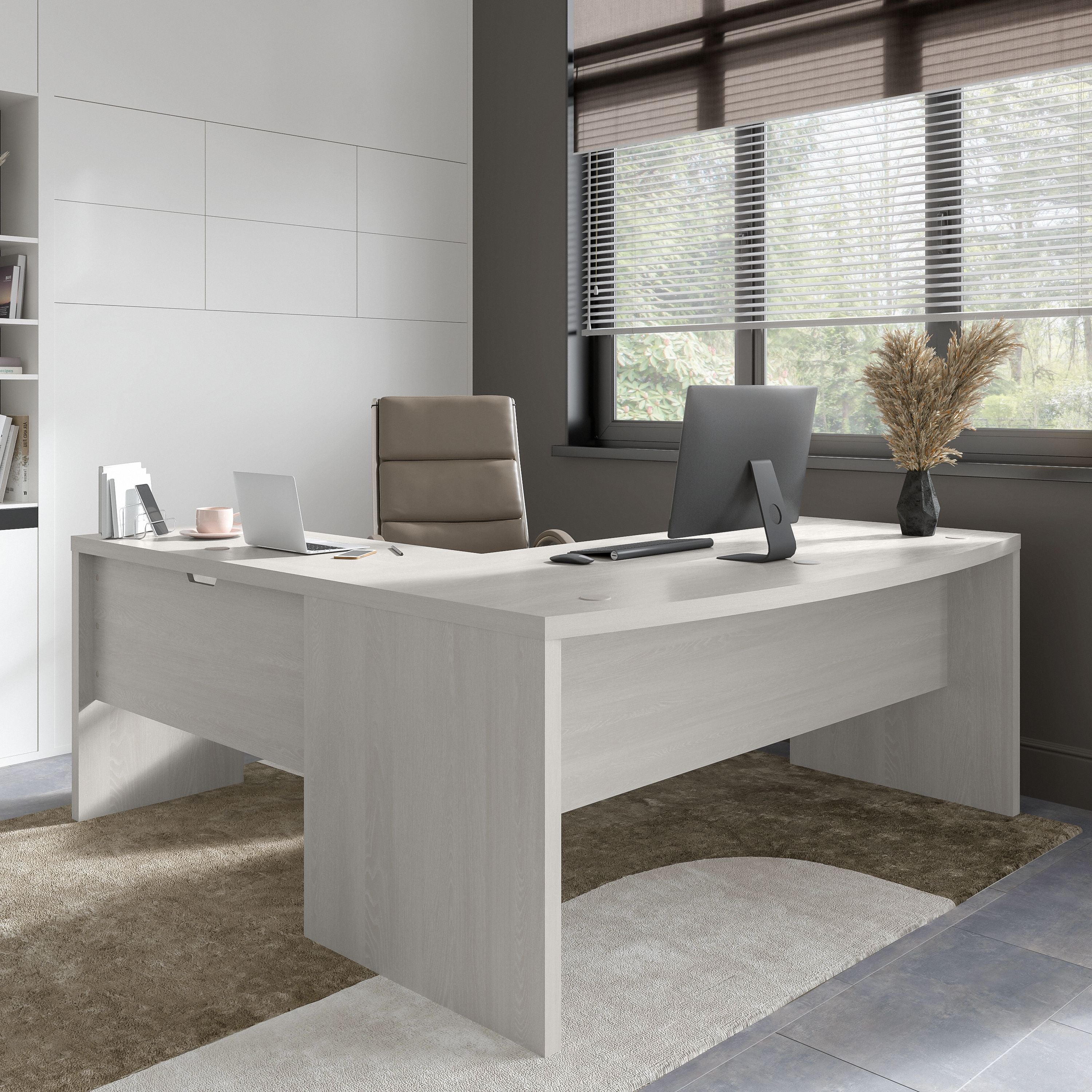 Bush Business Furniture Echo 72W Bow Front L Shaped Desk in Gray Sand - 71.97" Width x 77.32" Depth x 30" Height
