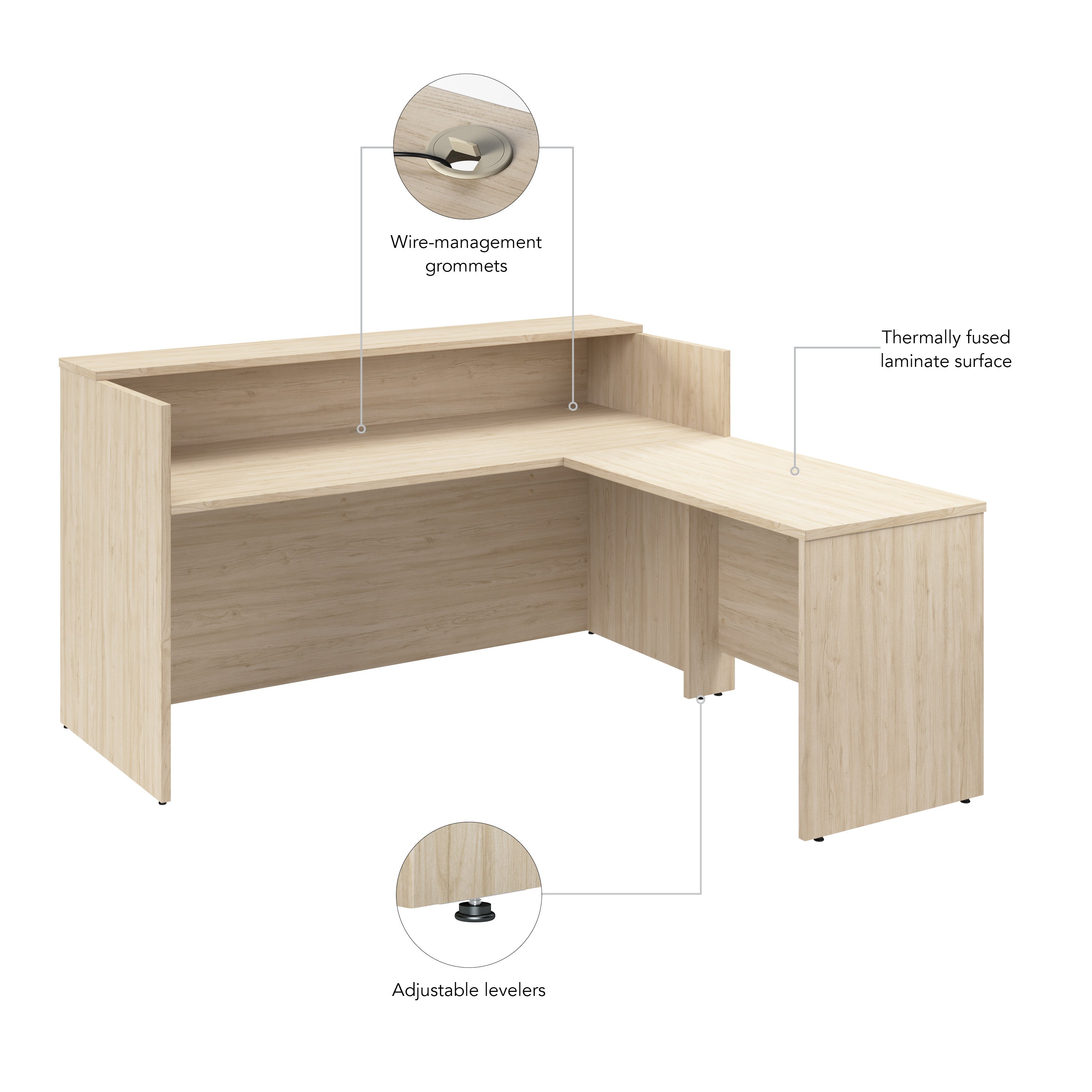 Bush Business Furniture Arrive 72W x 72D L Shaped Reception Desk with Shelf in Natural Elm - 71.02" Width x 71.14" Depth x 40.35" Height