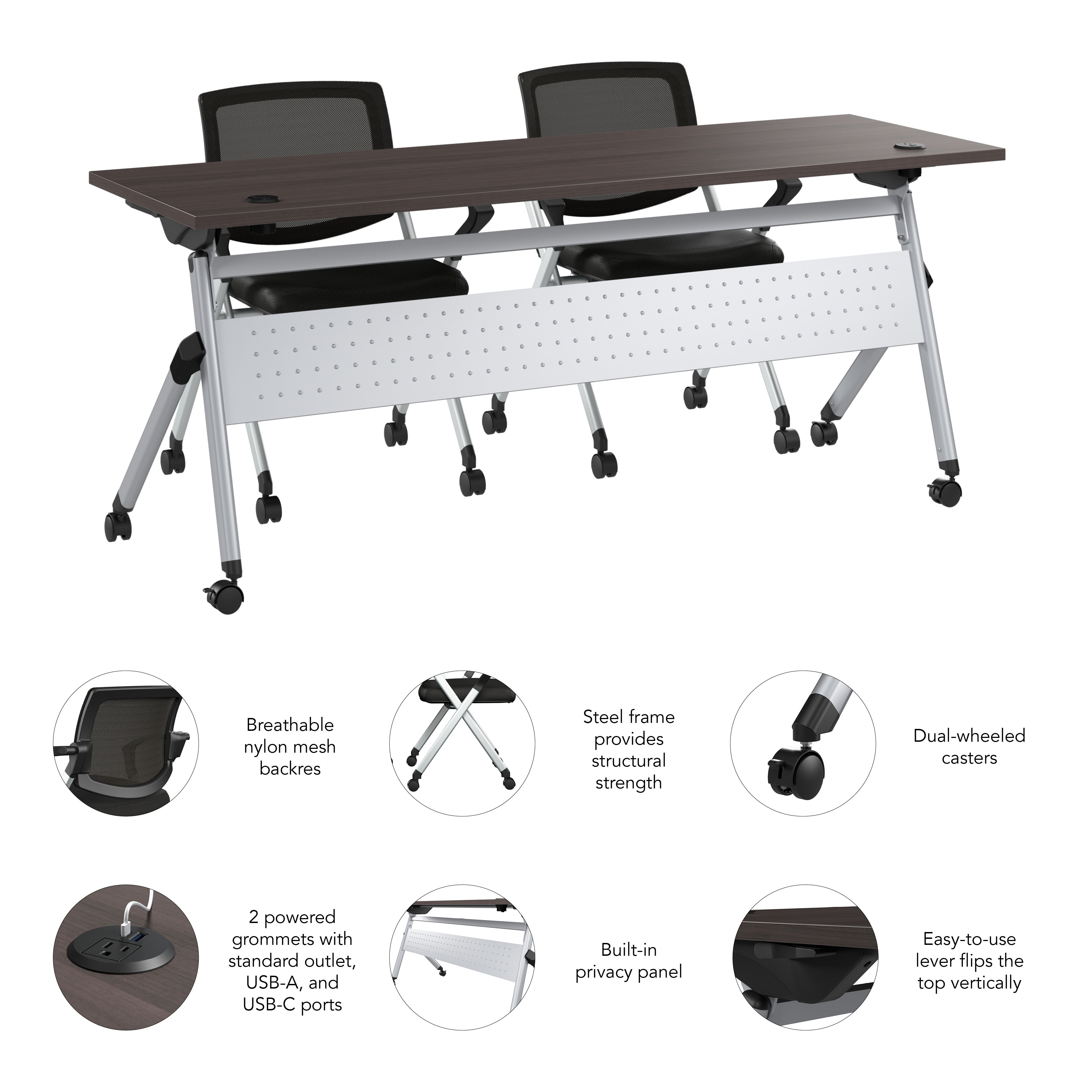 Bush Business Furniture Envision 72W Training Table with Powered Grommets and 2 Chairs with Arms in Storm Gray - 71.02" Width x 23.54" Depth x 32.87" Height