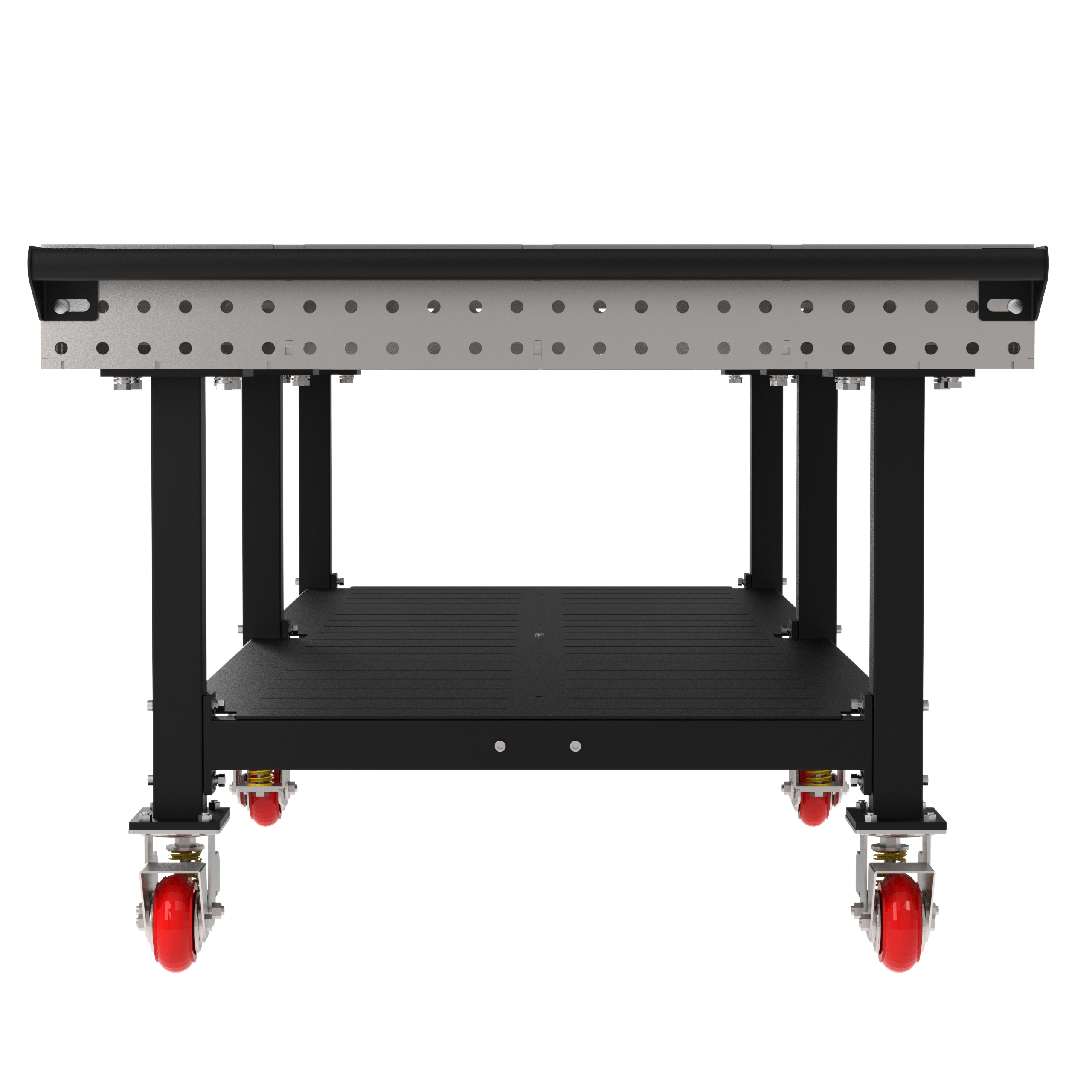 Welding Fixture Table, Fixed Height, 36"H x 120"L x 48"D, 1/4" Carbon Steel Top, Six Black Powdercoat Legs, Shelf, Handle, 6 Heavy Duty Suspension Casters (4 Locking/Swiveling Casters and 2 Non-Locking/Non-SwivelingCasters)