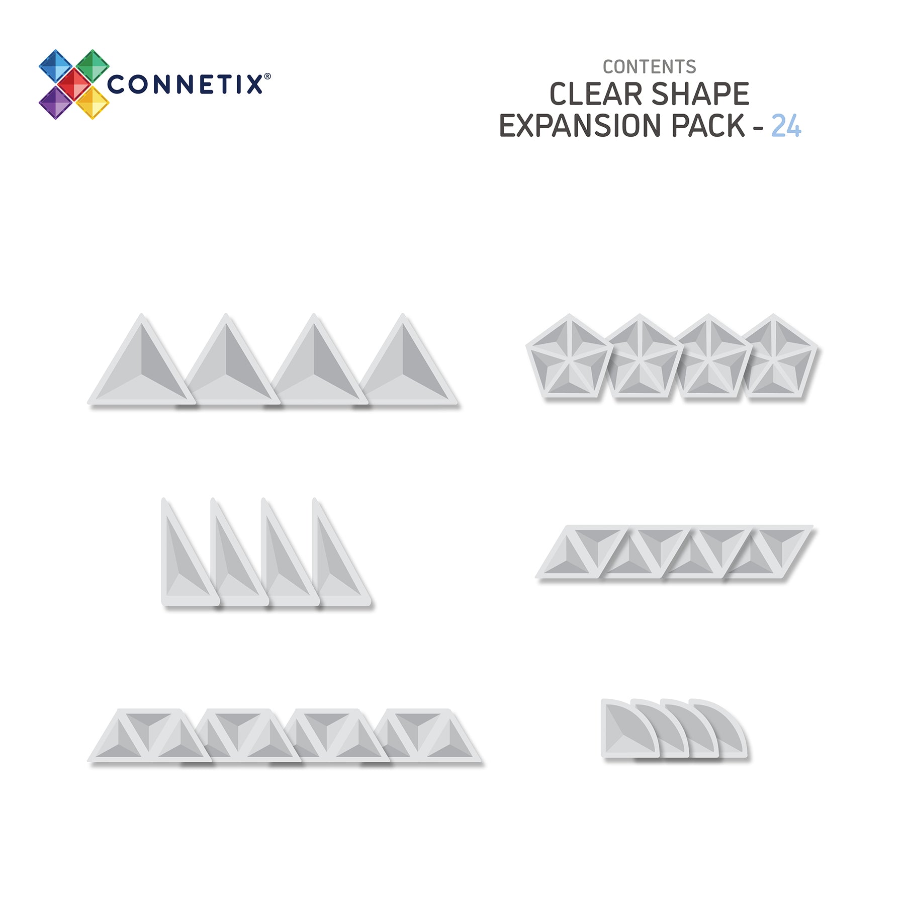Magnetic Tiles Clear Shape Expansion Pack, 24 Pieces