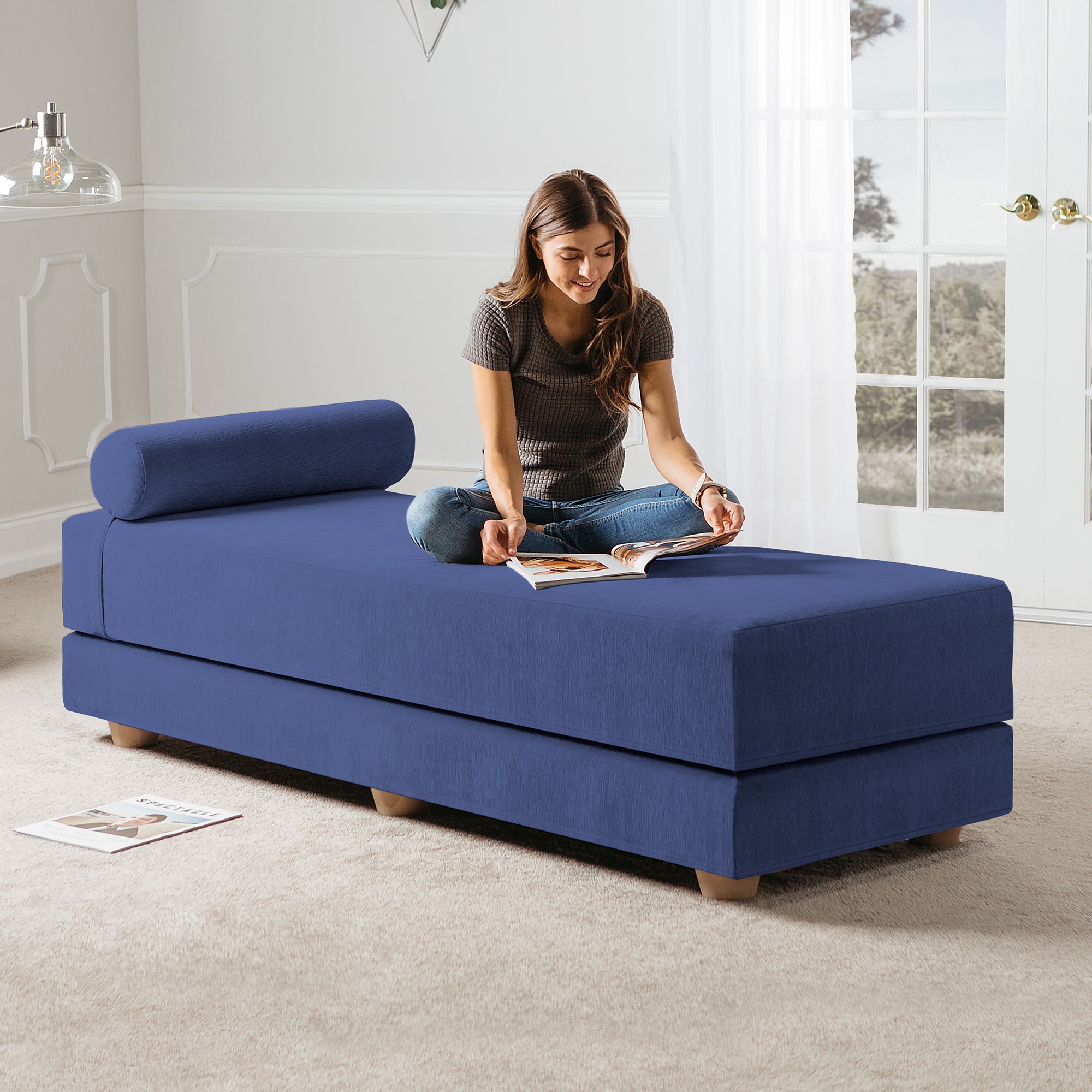 Jaxx Alon Daybed/Fold-Out Sleeper, Queen-Size Mattress - Premium Chenille, Navy