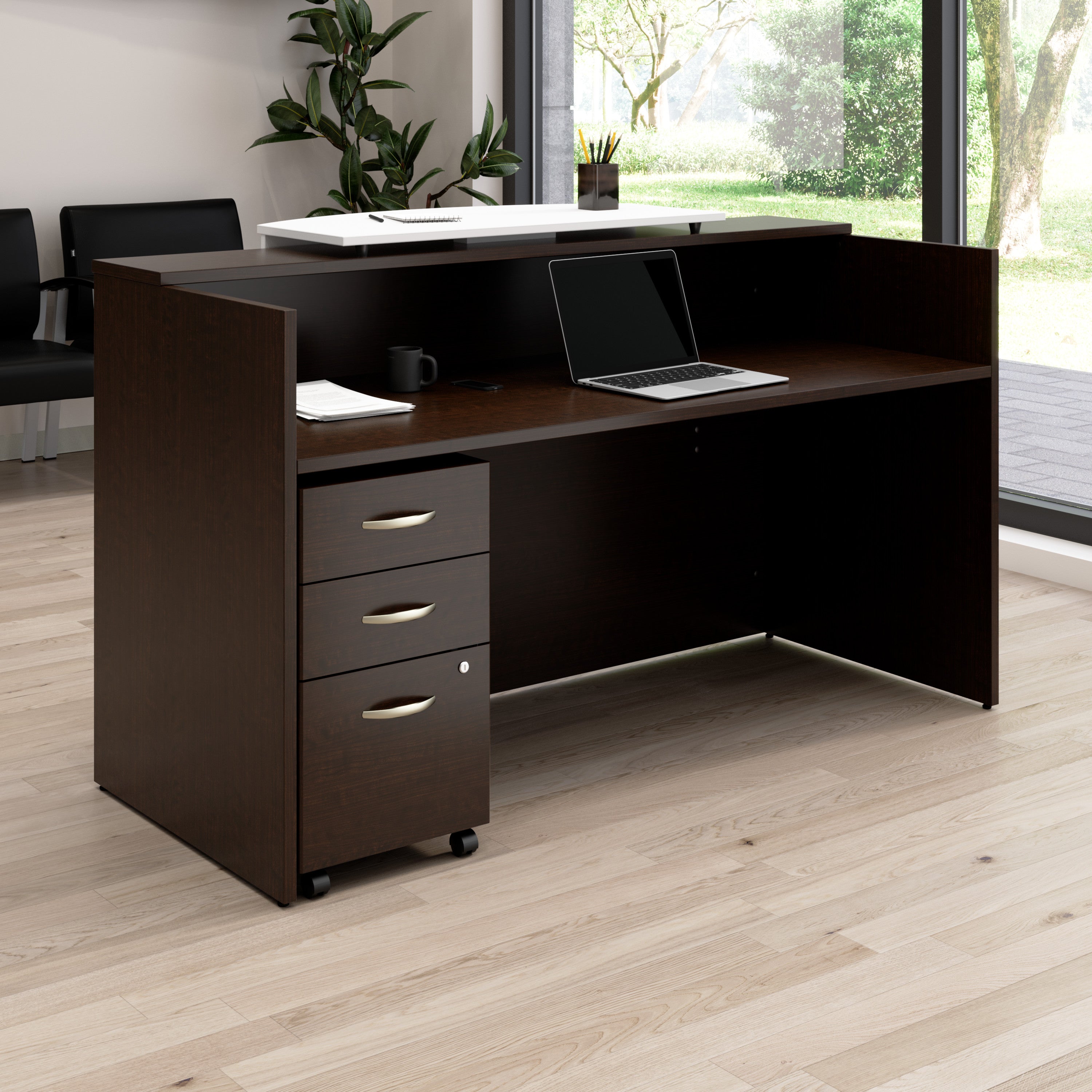 Bush Business Furniture Arrive 72W x 30D Reception Desk with Counter and Mobile File Cabinet in Mocha Cherry - 71.02" Width x 29.49" Depth x 40.35" Height