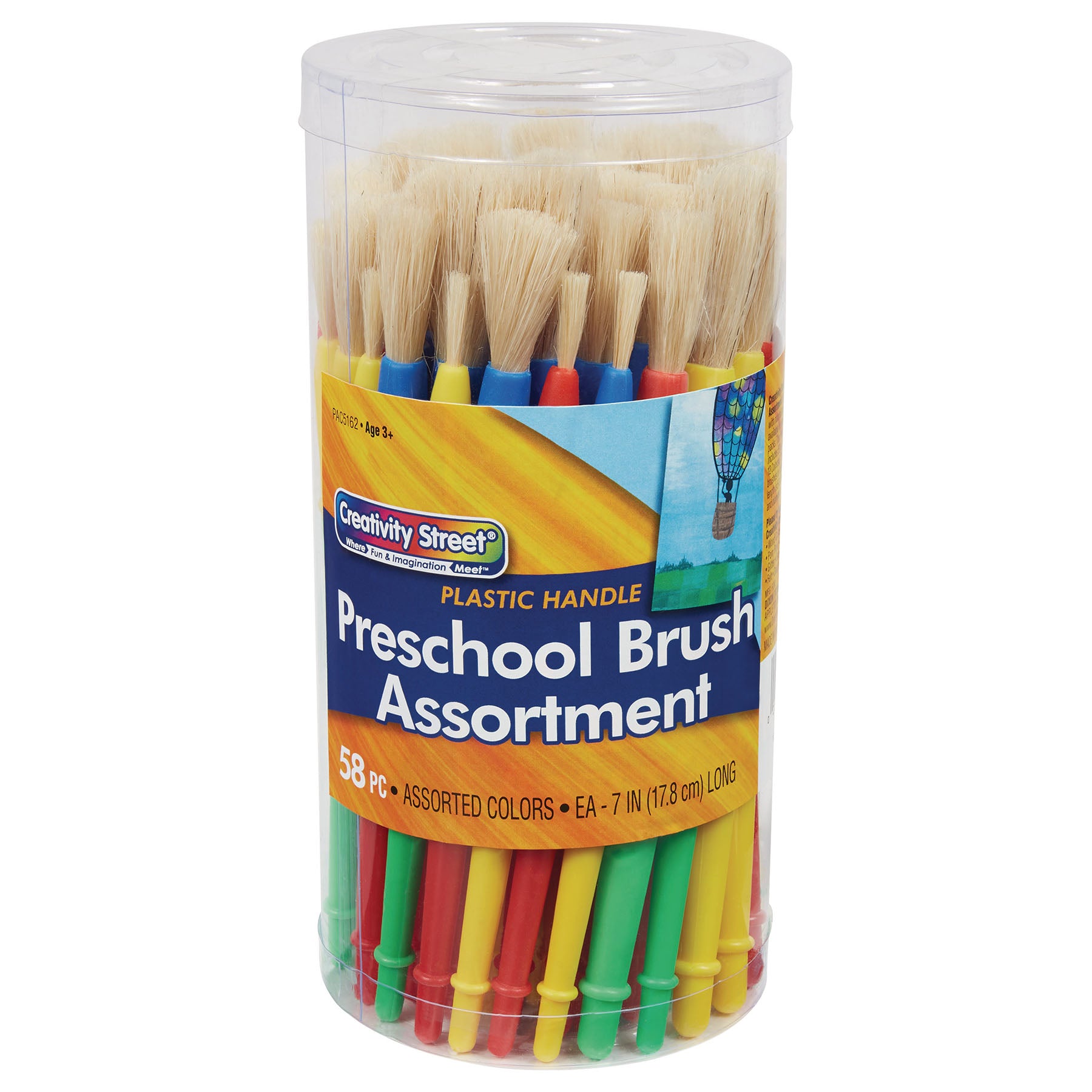 Plastic Handle Brush Classroom Packs, Preschool Brush Assortment, 7" Long, 58 Brushes