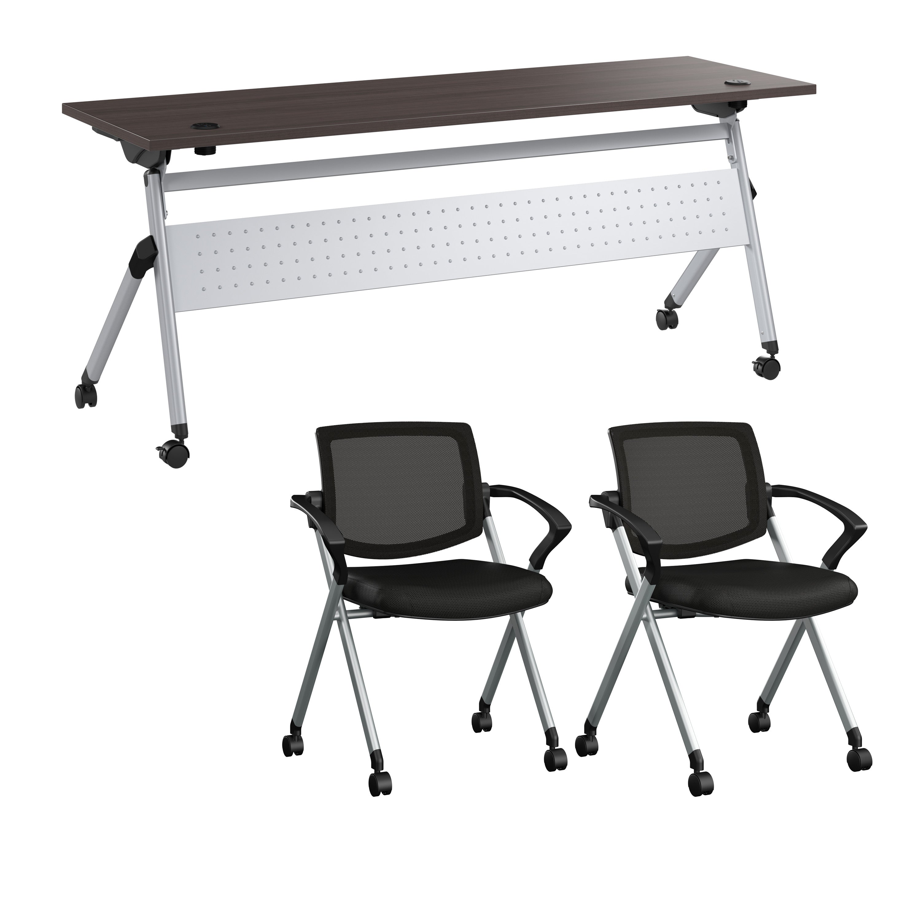 Bush Business Furniture Envision 72W Training Table with Powered Grommets and 2 Chairs with Arms in Storm Gray - 71.02" Width x 23.54" Depth x 32.87" Height