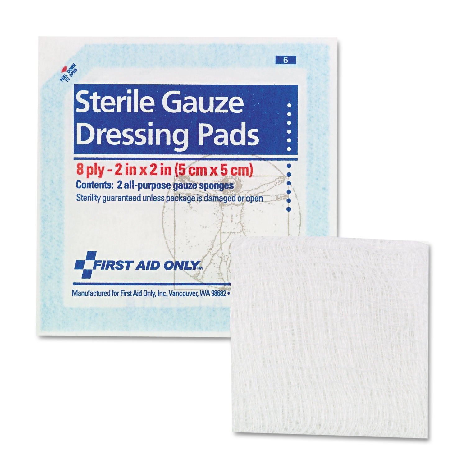 First Aid Only Sterile Gauze Dressing Pads, 8 Ply, 2" x 2", White, 10 Pack