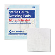 First Aid Only Sterile Gauze Dressing Pads, 8 Ply, 2" x 2", White, 10 Pack