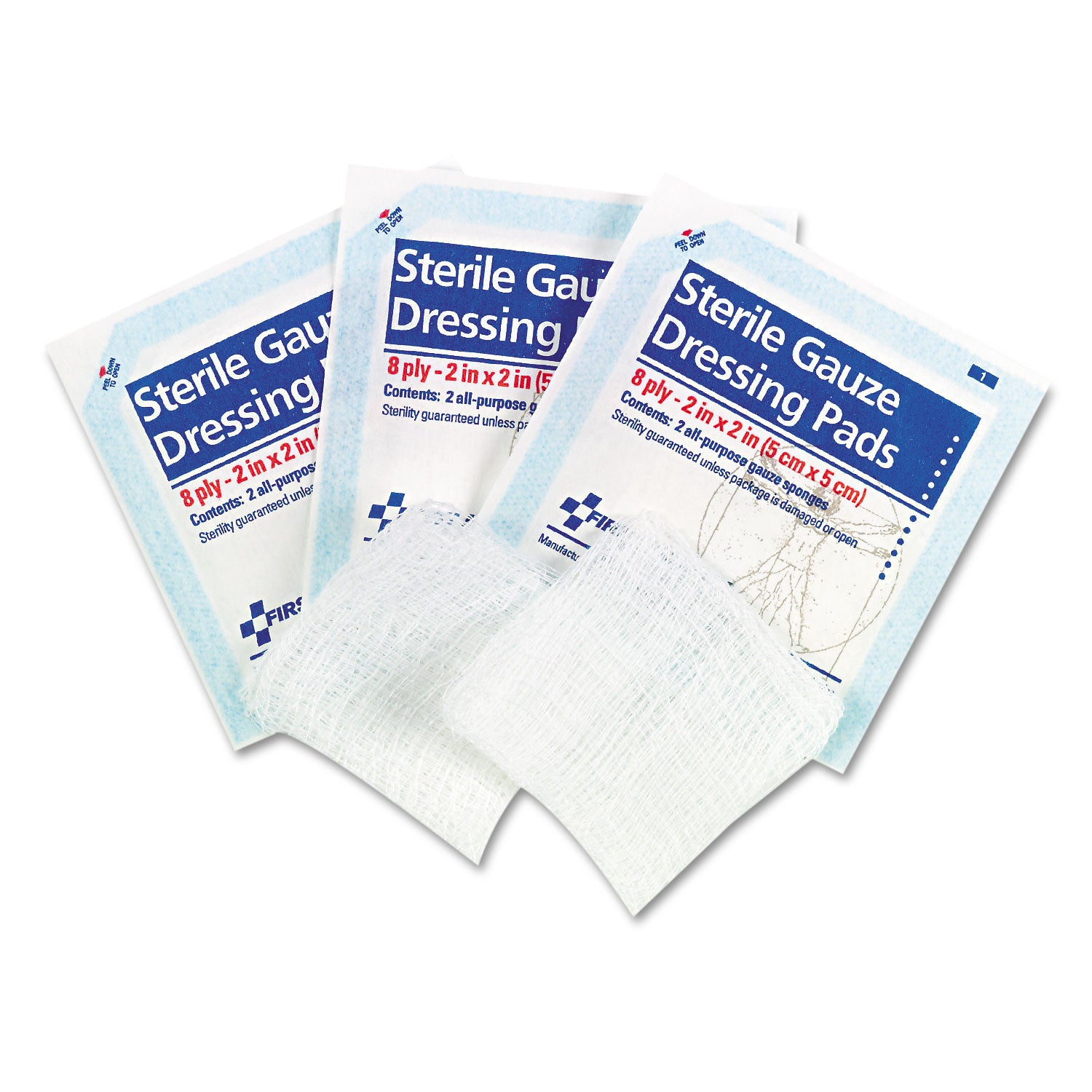 First Aid Only Sterile Gauze Dressing Pads, 8 Ply, 2" x 2", White, 10 Pack