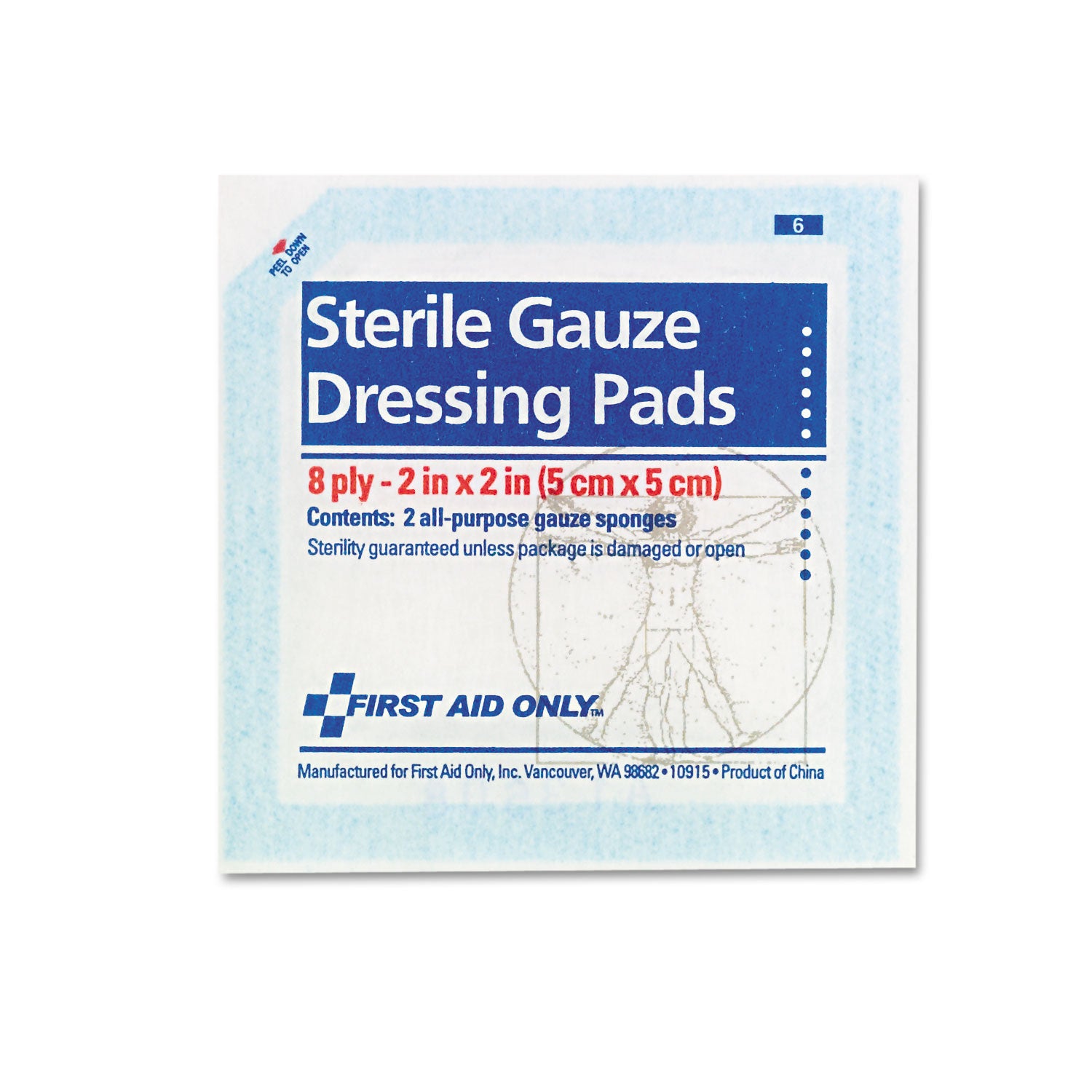 First Aid Only Sterile Gauze Dressing Pads, 8 Ply, 2" x 2", White, 10 Pack