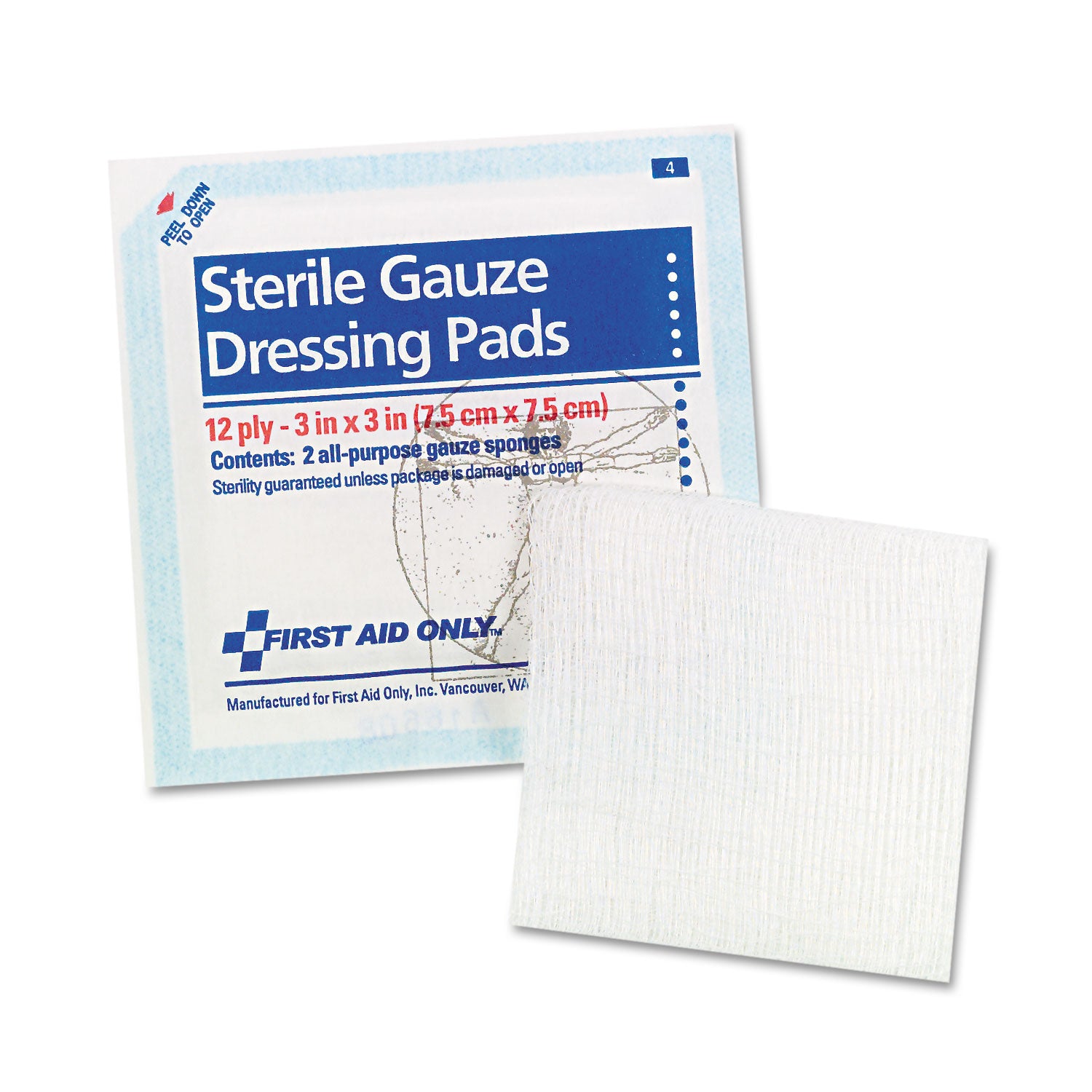 First Aid Only Sterile Gauze Dressing Pads, 12 Ply, 3" x 3", White, 1 Pack