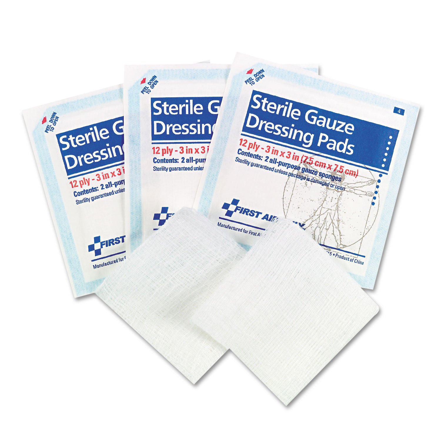First Aid Only Sterile Gauze Dressing Pads, 12 Ply, 3" x 3", White, 1 Pack