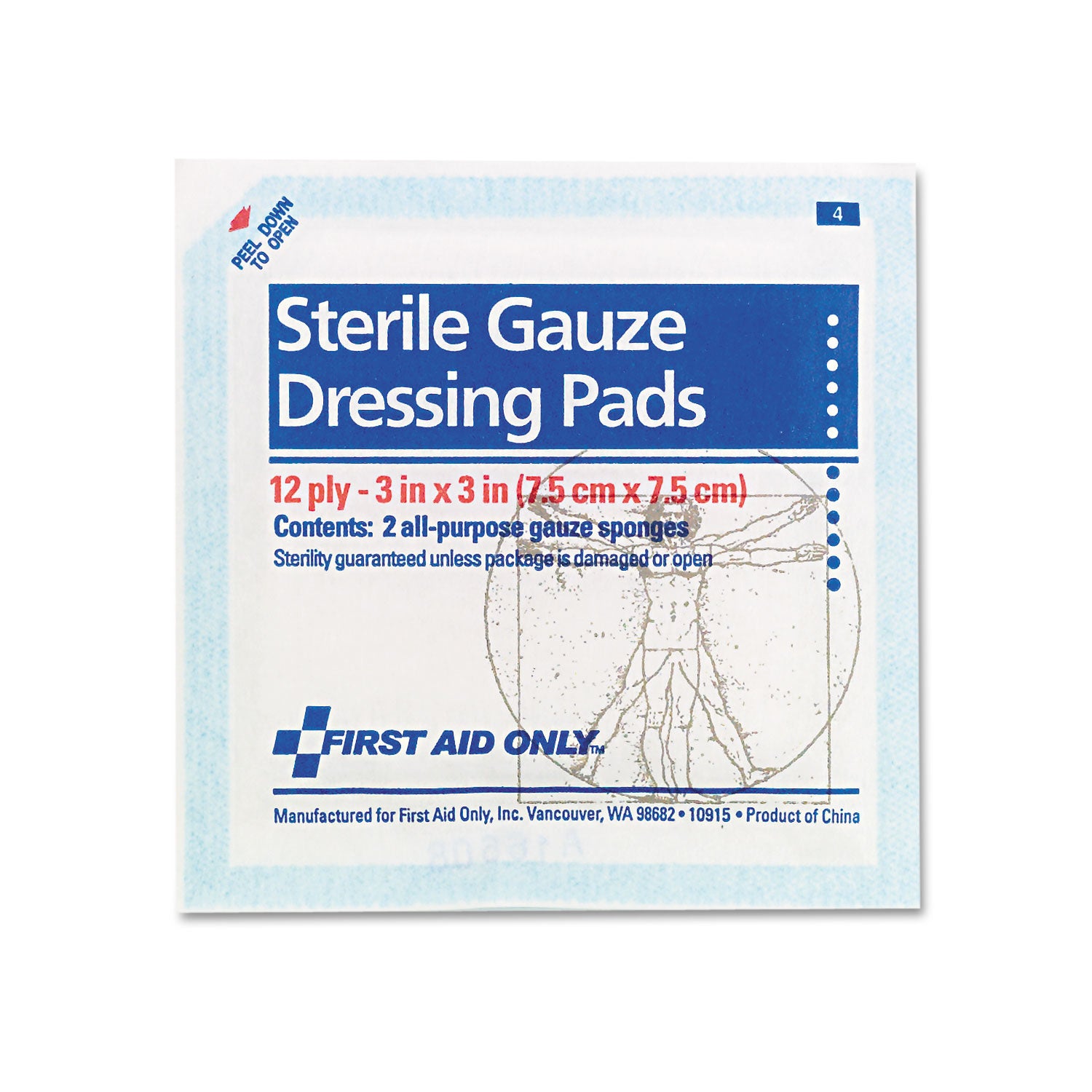 First Aid Only Sterile Gauze Dressing Pads, 12 Ply, 3" x 3", White, 1 Pack