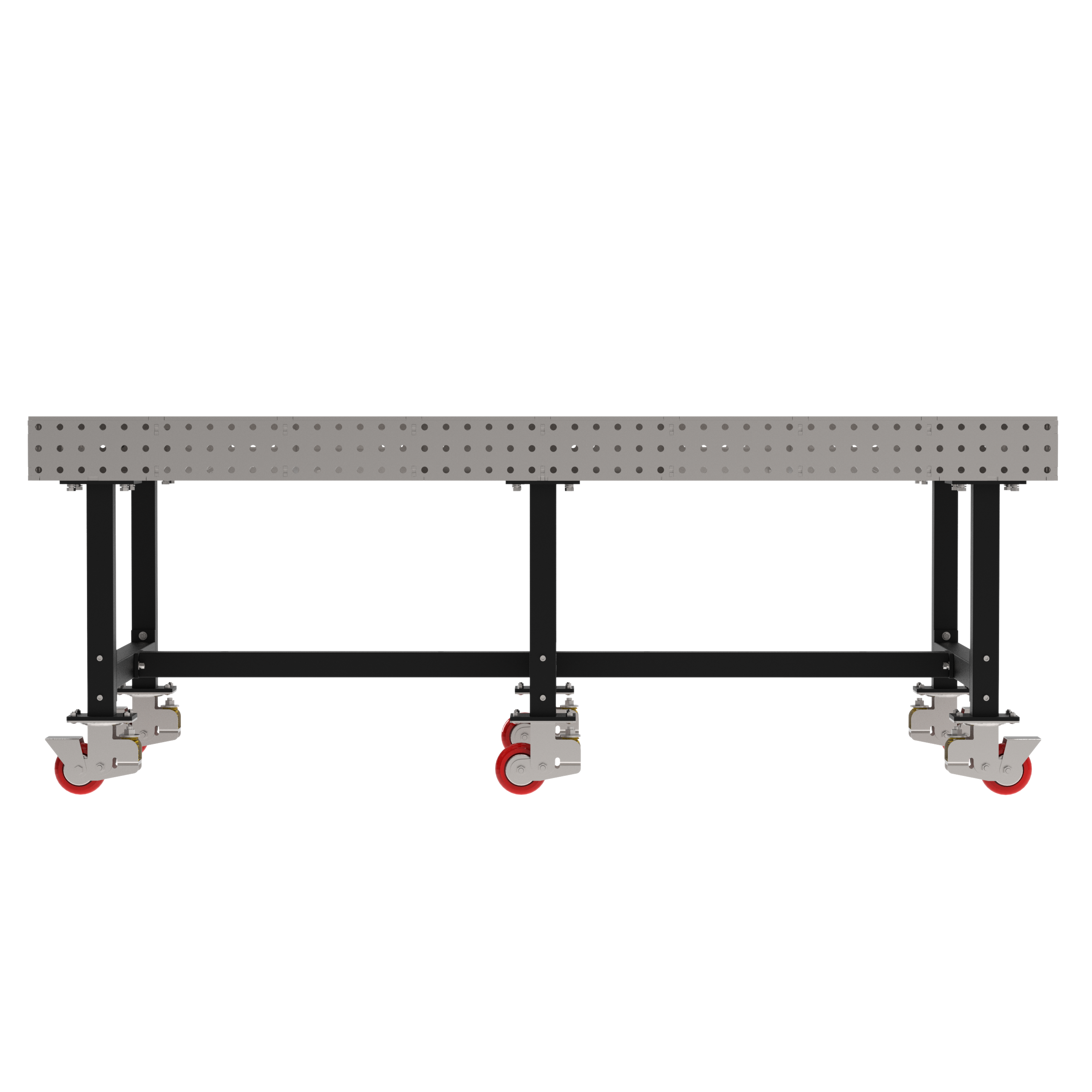 Welding Fixture Table, Fixed Height, 36"H x 96"L x 48"D, 1/4" Carbon Steel Top, Six Black Powdercoat Legs, 6 Heavy Duty Suspension Casters (4 Locking/Swiveling Casters and 2 Non-Locking/Non-SwivelingCasters)