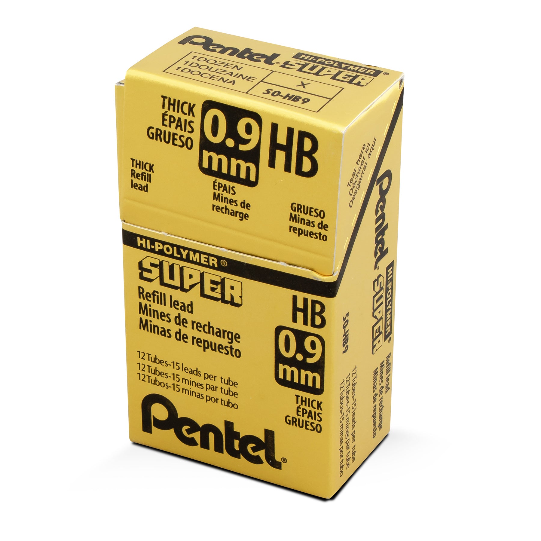 Super Hi-Polymer Lead Refill (0.9mm) Thick, HB, 15 Pieces/Tube, 12 Tubes/Box