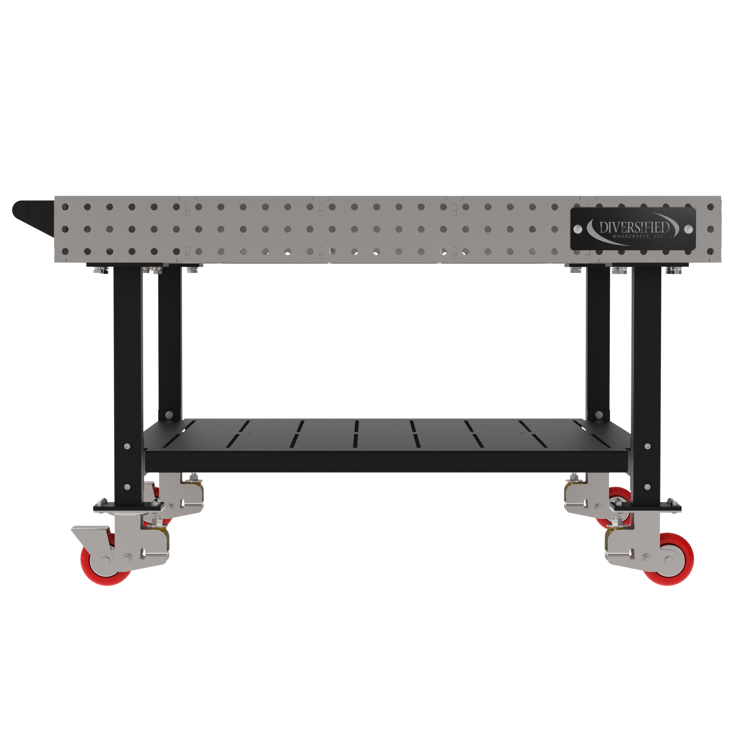Welding Fixture Table, Fixed Height, 36"H x 60"L x 60"D, 1/4" Carbon Steel Top, Four Black Powdercoat Legs, Shelf, Handle, 4 Heavy Duty Suspension Casters (2 Locking/Swiveling Casters and 2 Non-Locking/Non-SwivelingCasters)