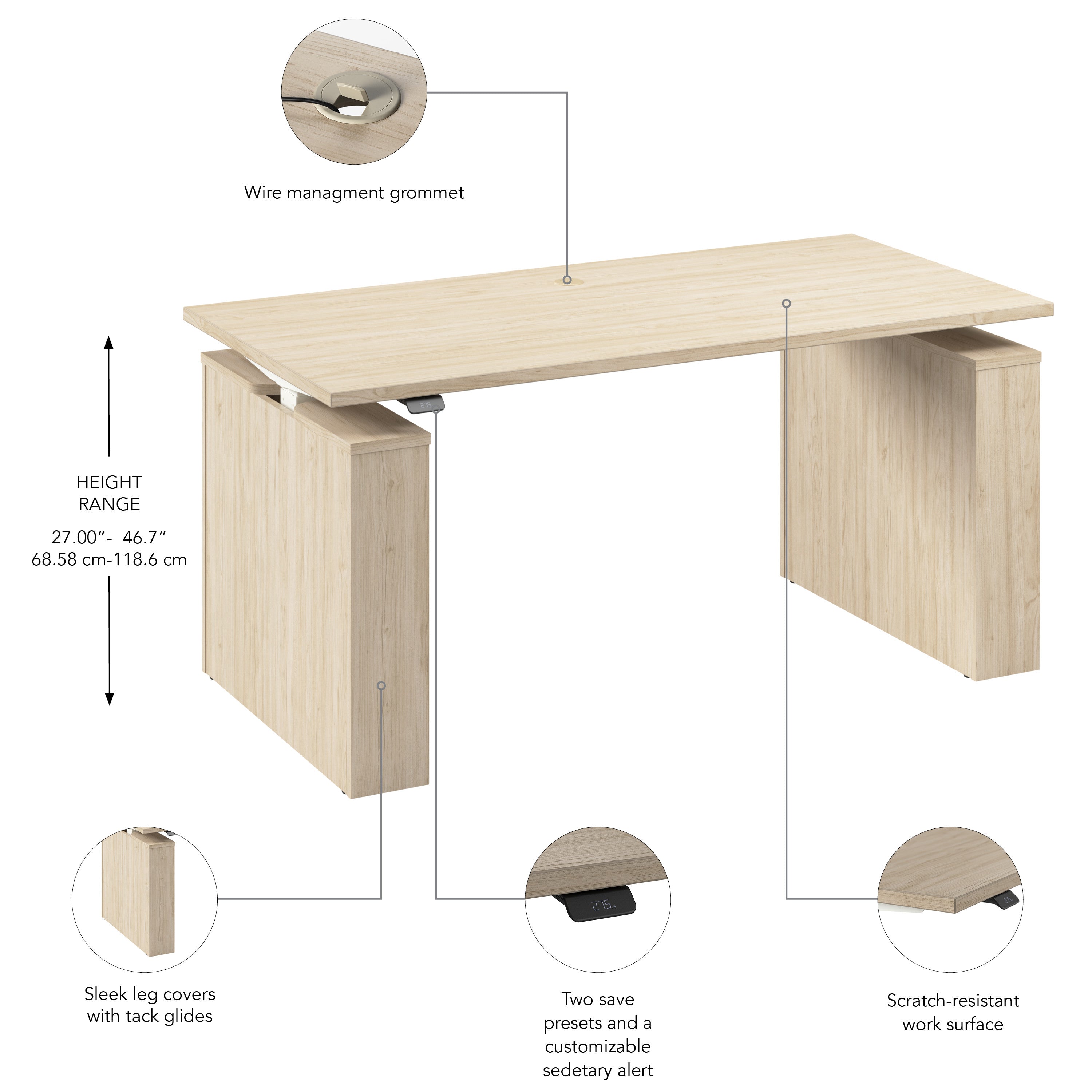 Bush Business Furniture Stratus&nbsp;60W x&nbsp;30D Electric Height Adjustable Standing Desk in Natural Elm with White Base - 59.45" Width x 29.37" Depth x 27.44" Height
