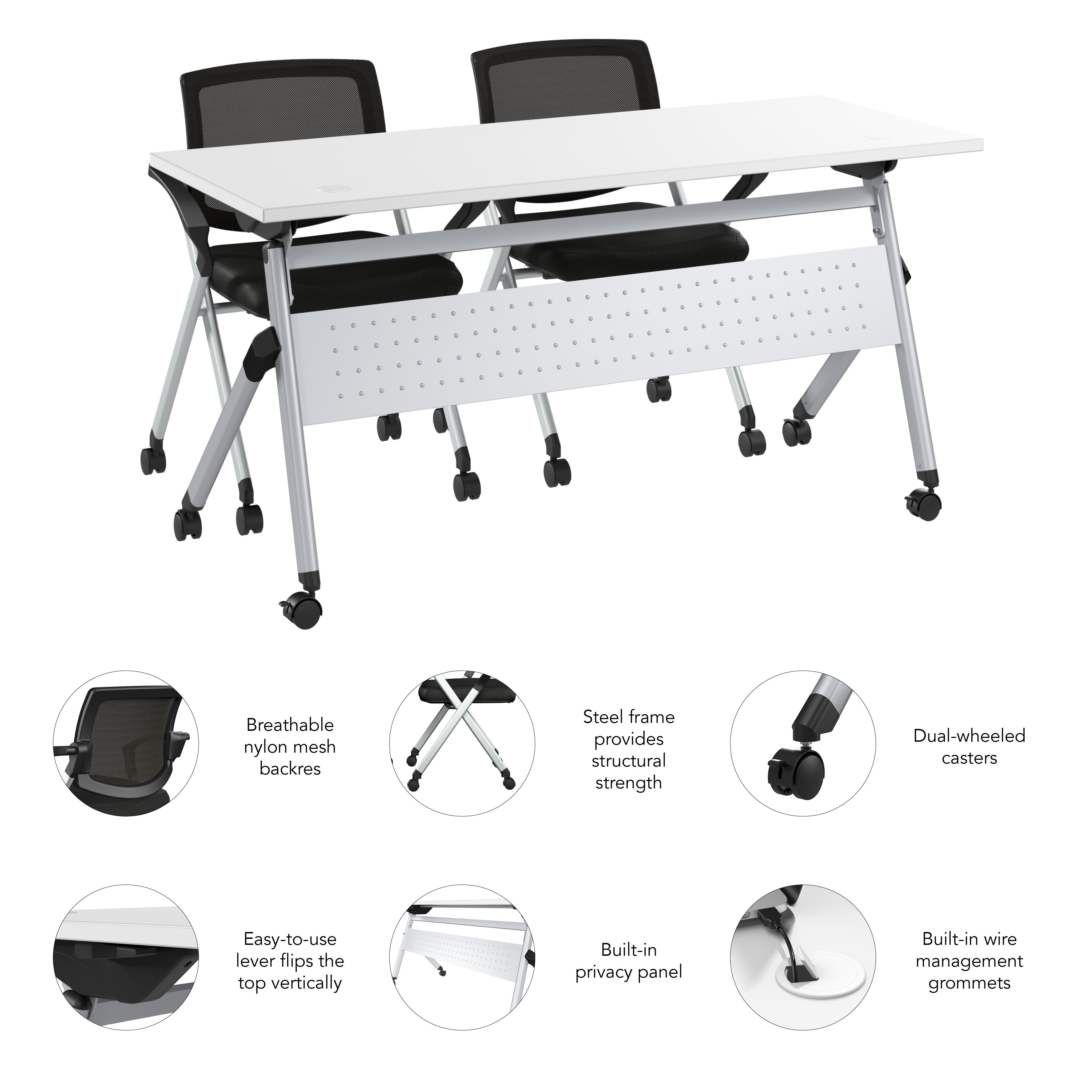Bush Business Furniture Envision 60W Folding Training Table and 2 Folding Chairs with Arms in White - 59.45" Width x 23.54" Depth x 32.87" Height