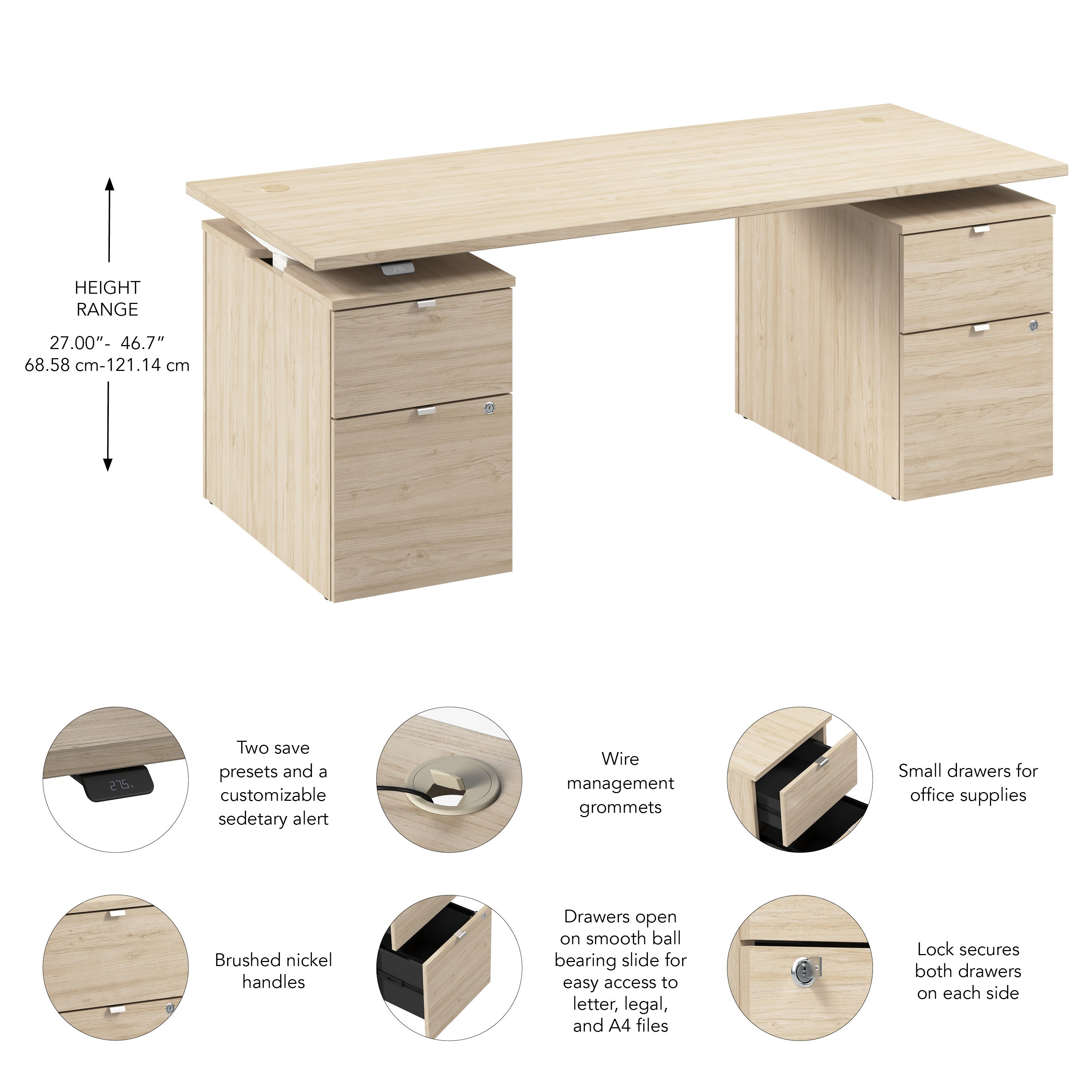 Bush Business Furniture Stratus&nbsp;72W x&nbsp;30D Electric Height Adjustable Standing Desk with Drawers in Natural Elm with White Base - 71.02" Width x 29.37" Depth x 27.44" Height