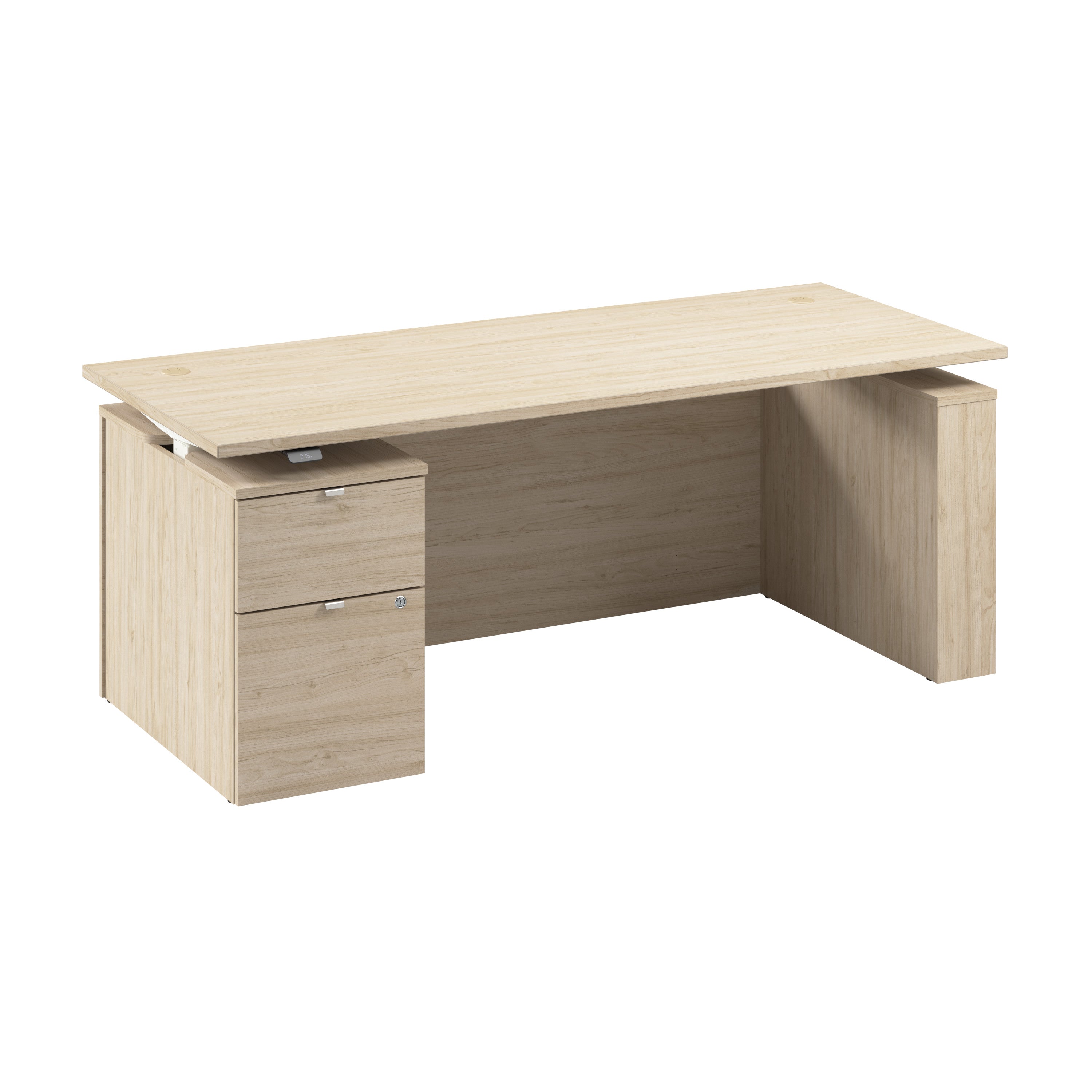 Bush Business Furniture Stratus&nbsp;72W x&nbsp;30D Eletric Height Adjustable Standing Desk with File Cabinet in Natural Elm with White Base - 71.02" Width x 29.37" Depth x 27.44" Height