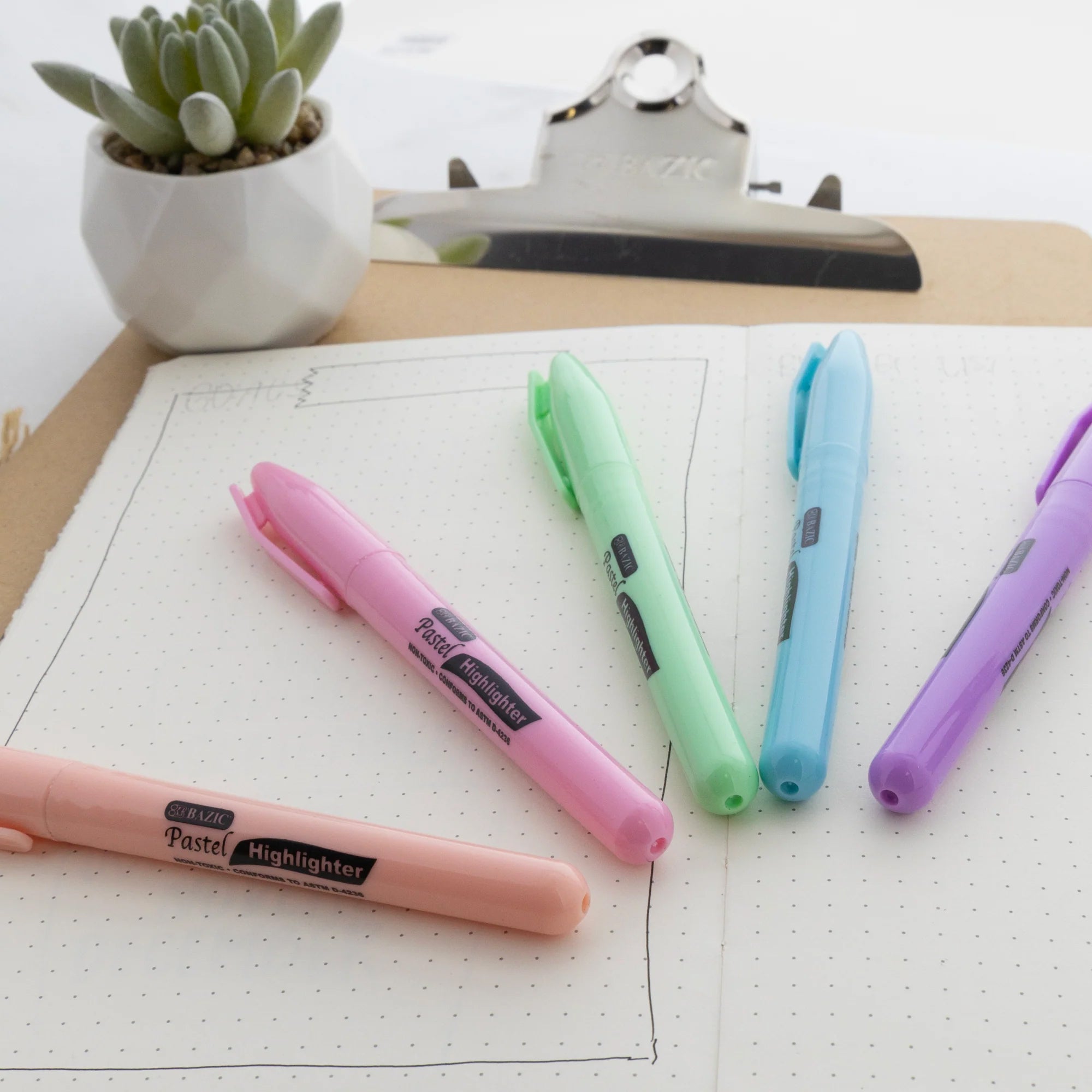 Pen Style Highlighter with Pocket Clip, Pastel, Pack of 5