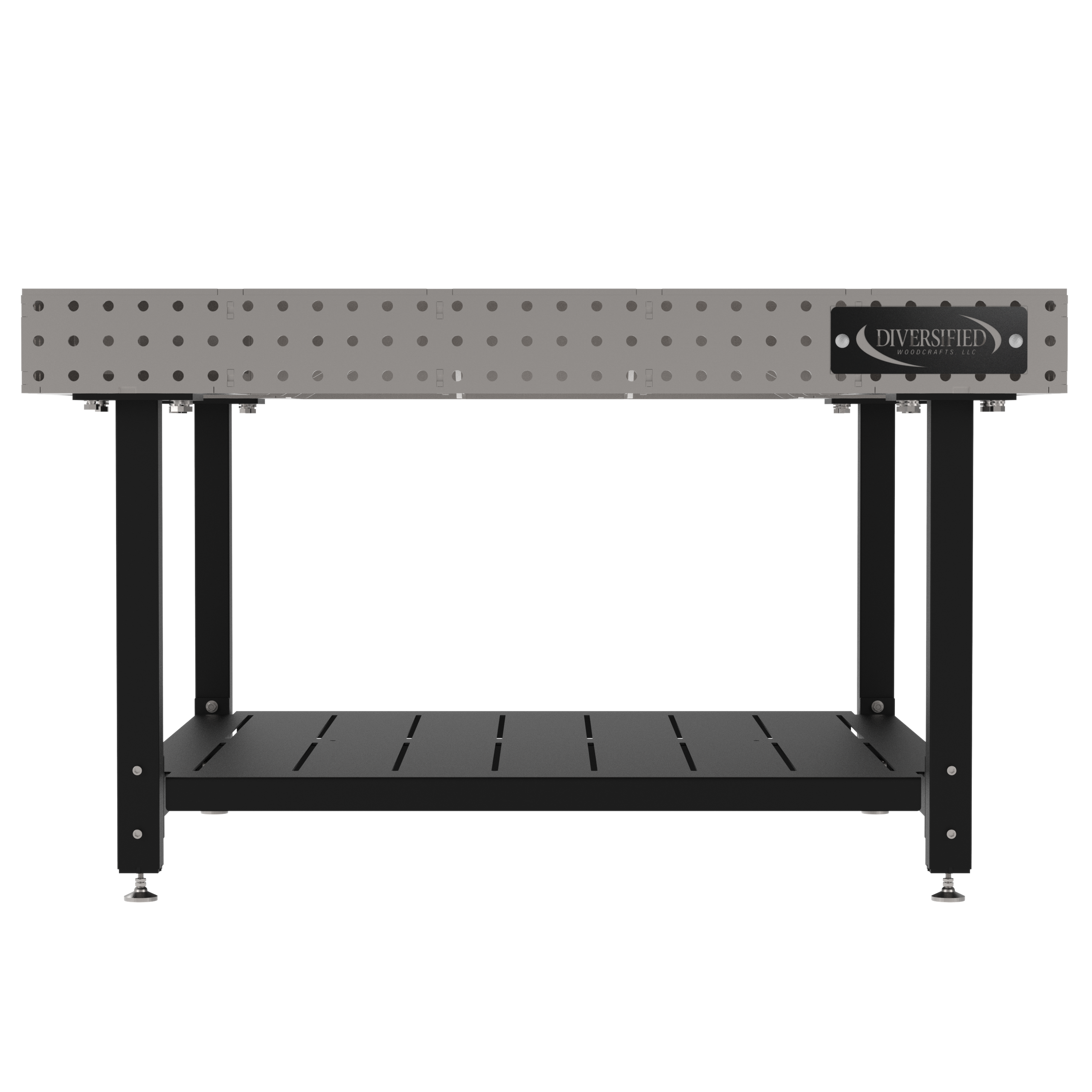 Welding Fixture Table, Fixed Height, 36"H x 60"L x 60"D, 1/4" Carbon Steel Top, Four Black Powdercoat Legs, Shelf, Self-Leveling Feet