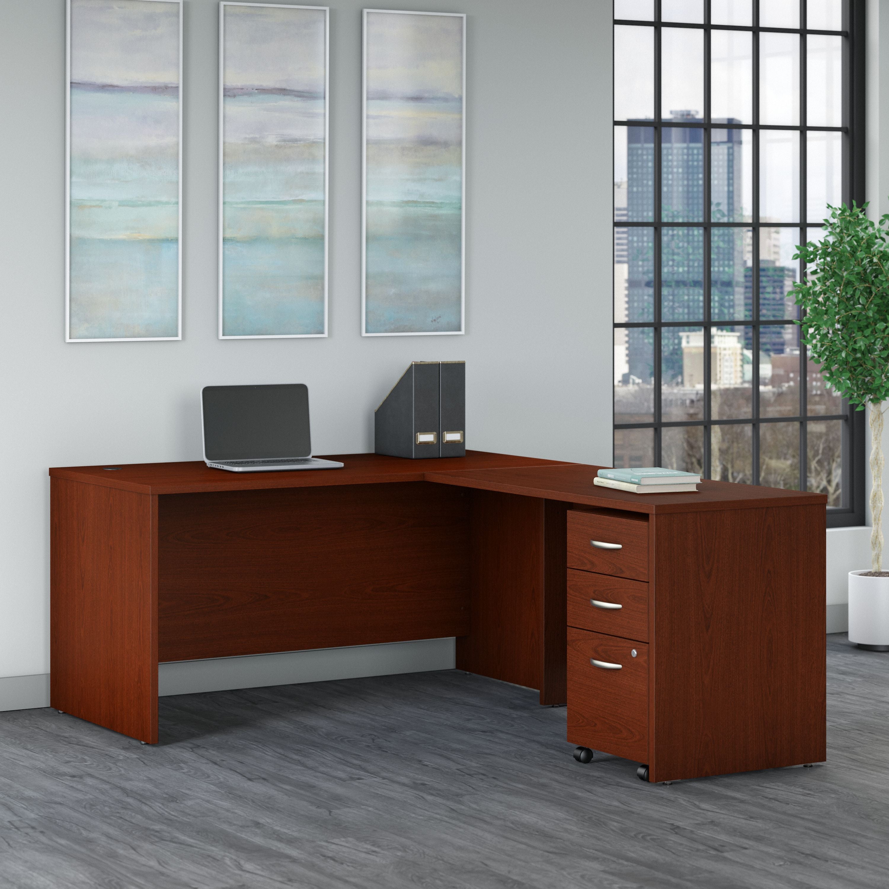 Bush Business Furniture Series C 60W L Shaped Desk with 3 Drawer Mobile File Cabinet in Mahogany - 59.45" Width x 77.05" Depth x 29.84" Height