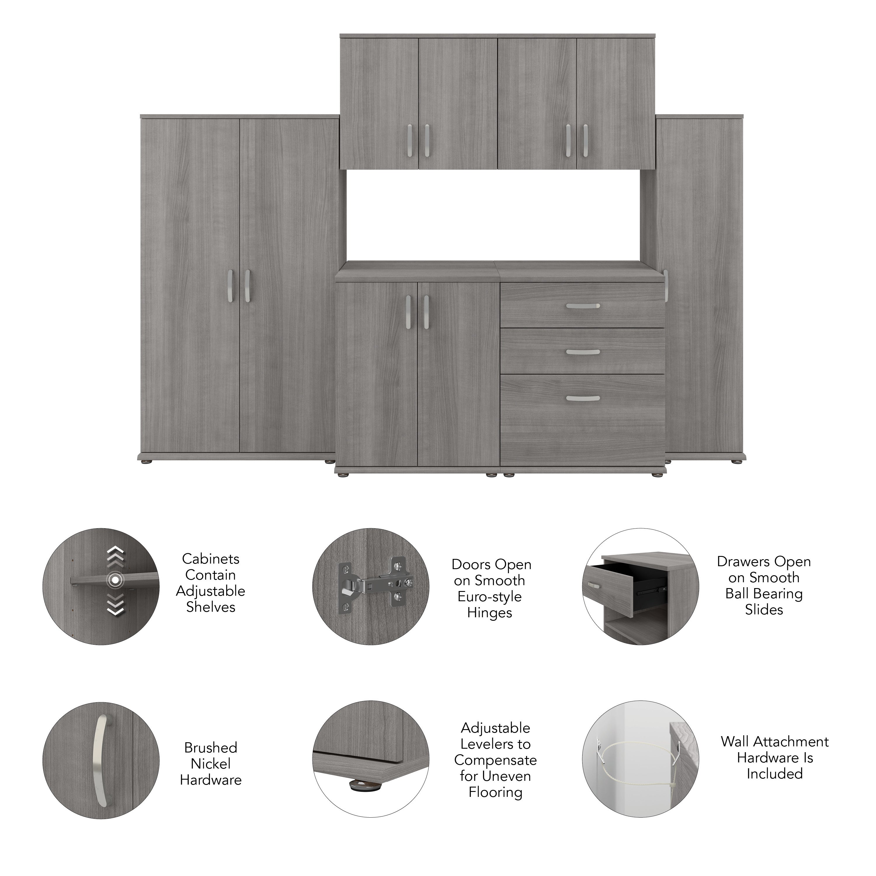 Bush Business Furniture Universal 108W 6 Piece Modular Storage Set with Floor and Wall Cabinets in Platinum Gray - 108.08" Width x 24.69" Depth x 61.81" Height