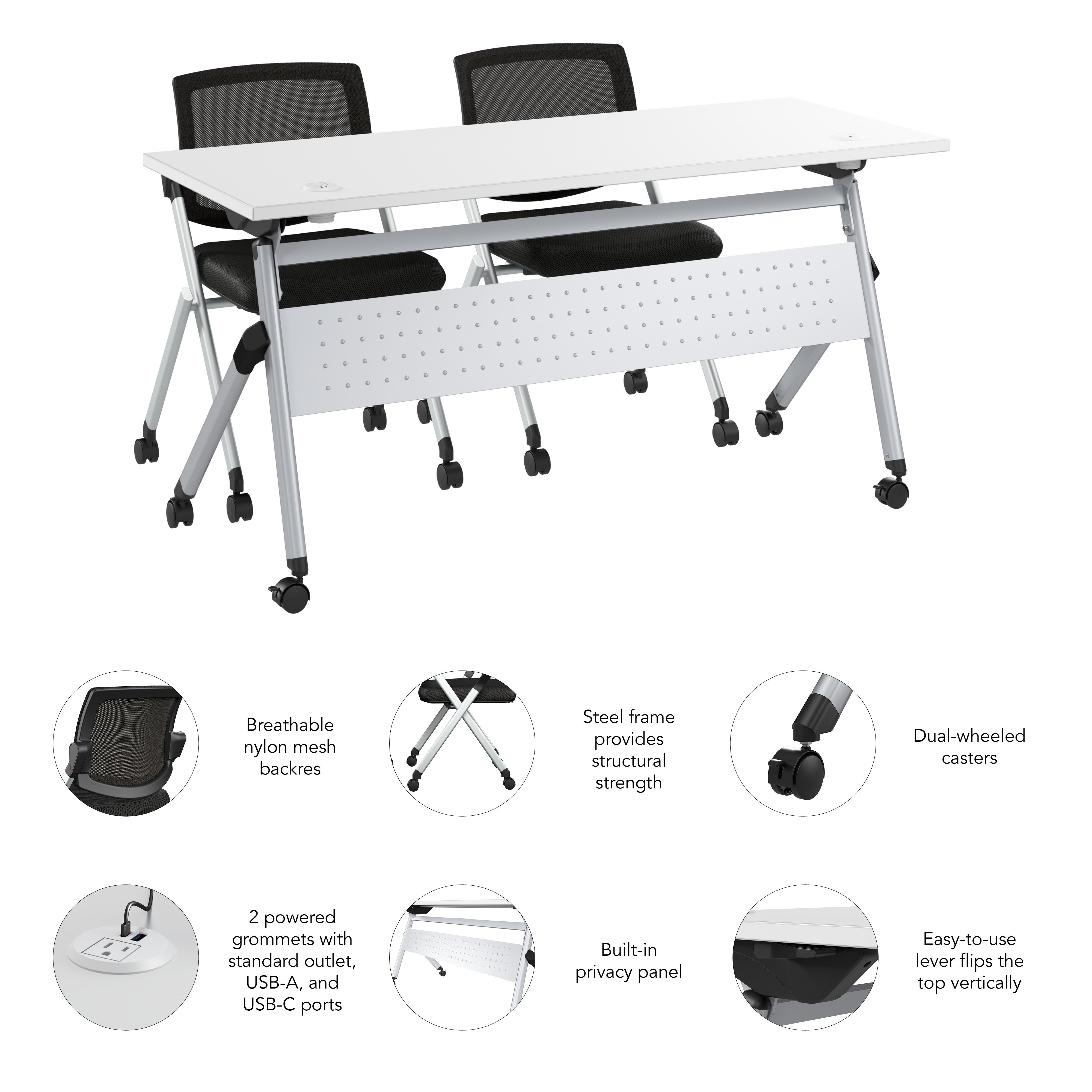 Bush Business Furniture Envision 60W Folding Training Table with Powered Grommets and 2 Chairs in White - 59.45" Width x 23.54" Depth x 32.87" Height