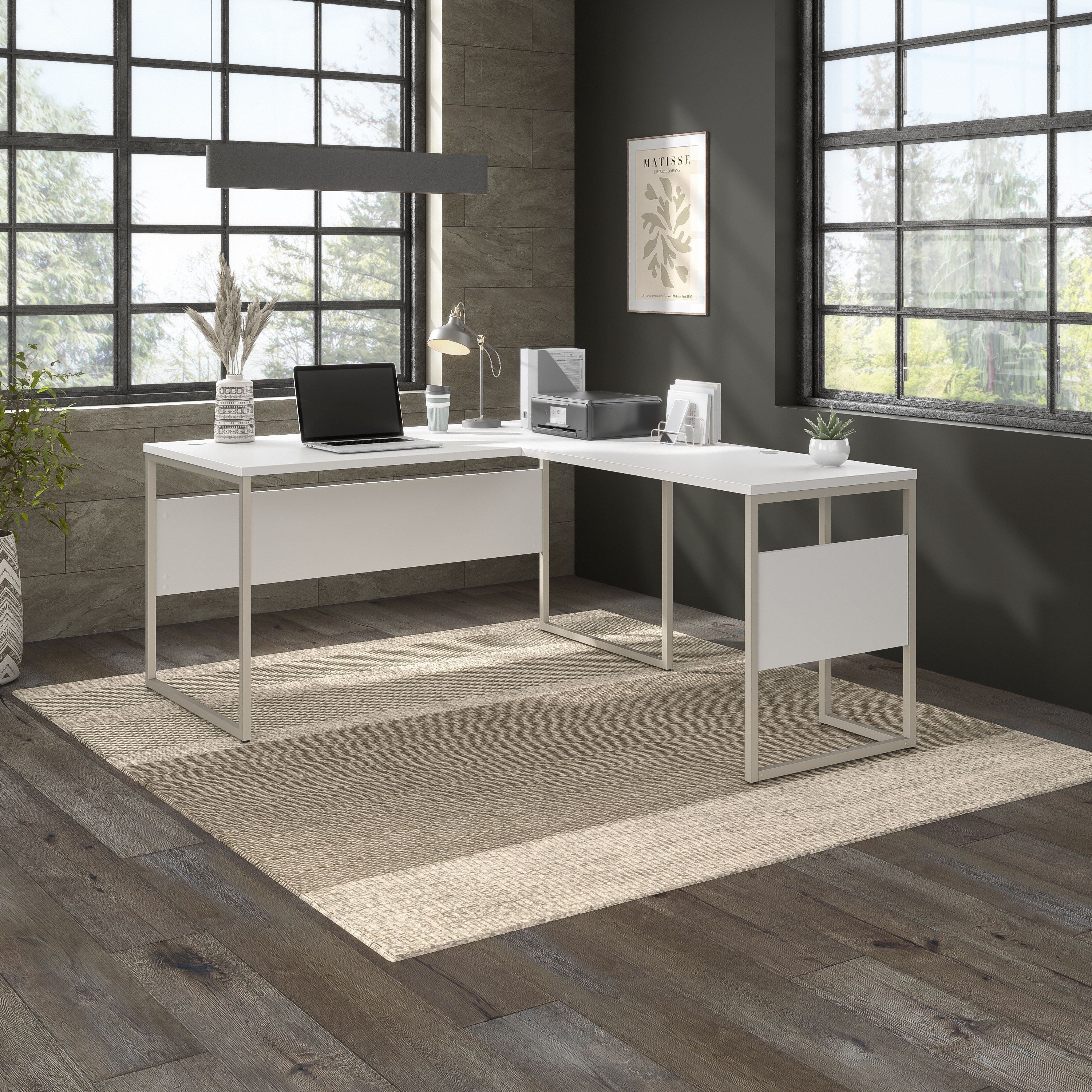 Bush Business Furniture Hybrid 60W x 30D L Shaped Table Desk with Metal Legs in White - 59.45" Width x 71.34" Depth x 29.91" Height