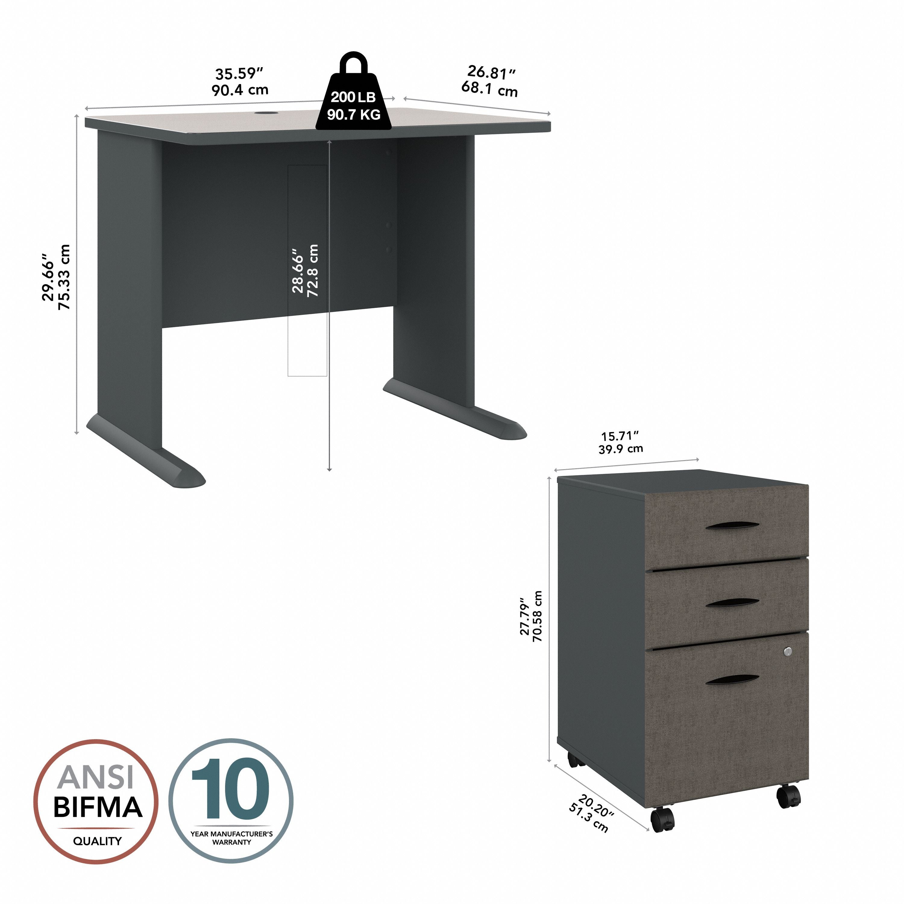 Bush Business Furniture Series A 36W Desk with Mobile File Cabinet in Slate and White Spectrum - 51.3" Width x 26.81" Depth x 29.66" Height