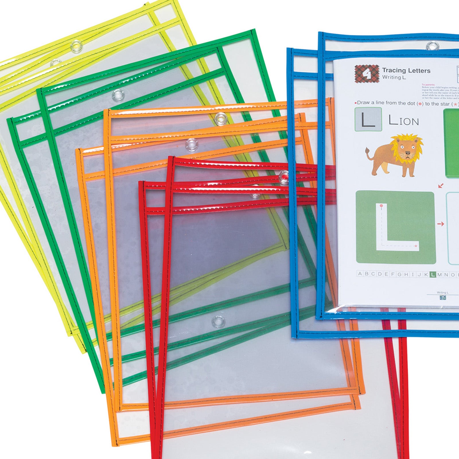 Dry Erase Pockets, 5 Assorted Bright Colors, 10" x 13-1/2", 10 Pockets