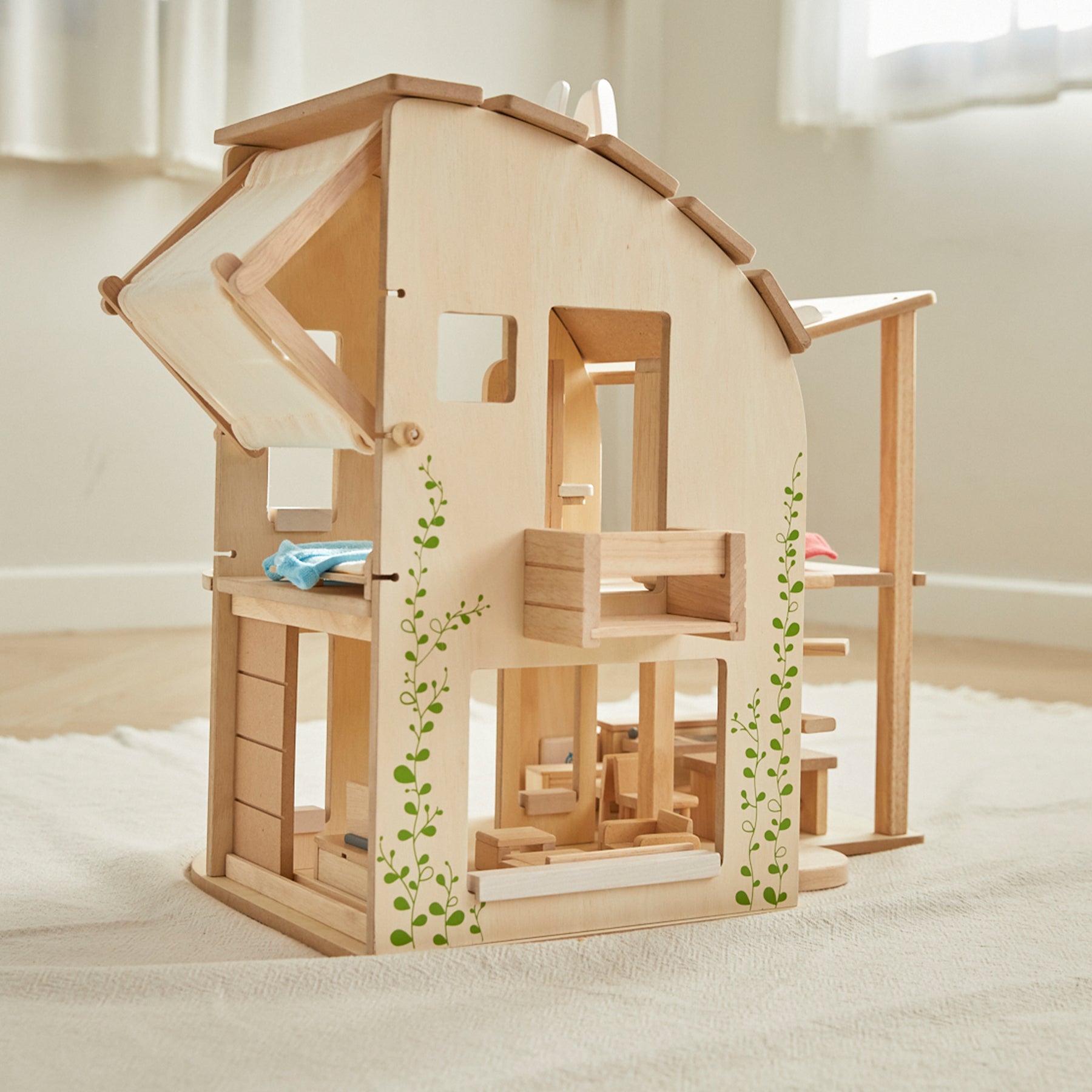 Green Wooden Dollhouse With Furniture