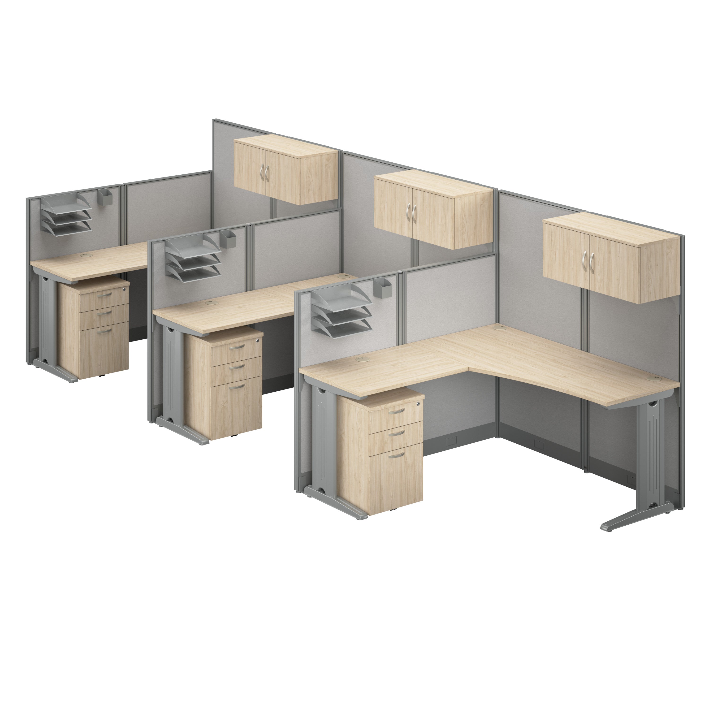 Bush Business Furniture Office in an Hour 3 Person L Shaped Cubicle Desks with Storage, Drawers, and Organizers in Natural Elm - 193.47" Width x 64.48" Depth x 62.86" Height