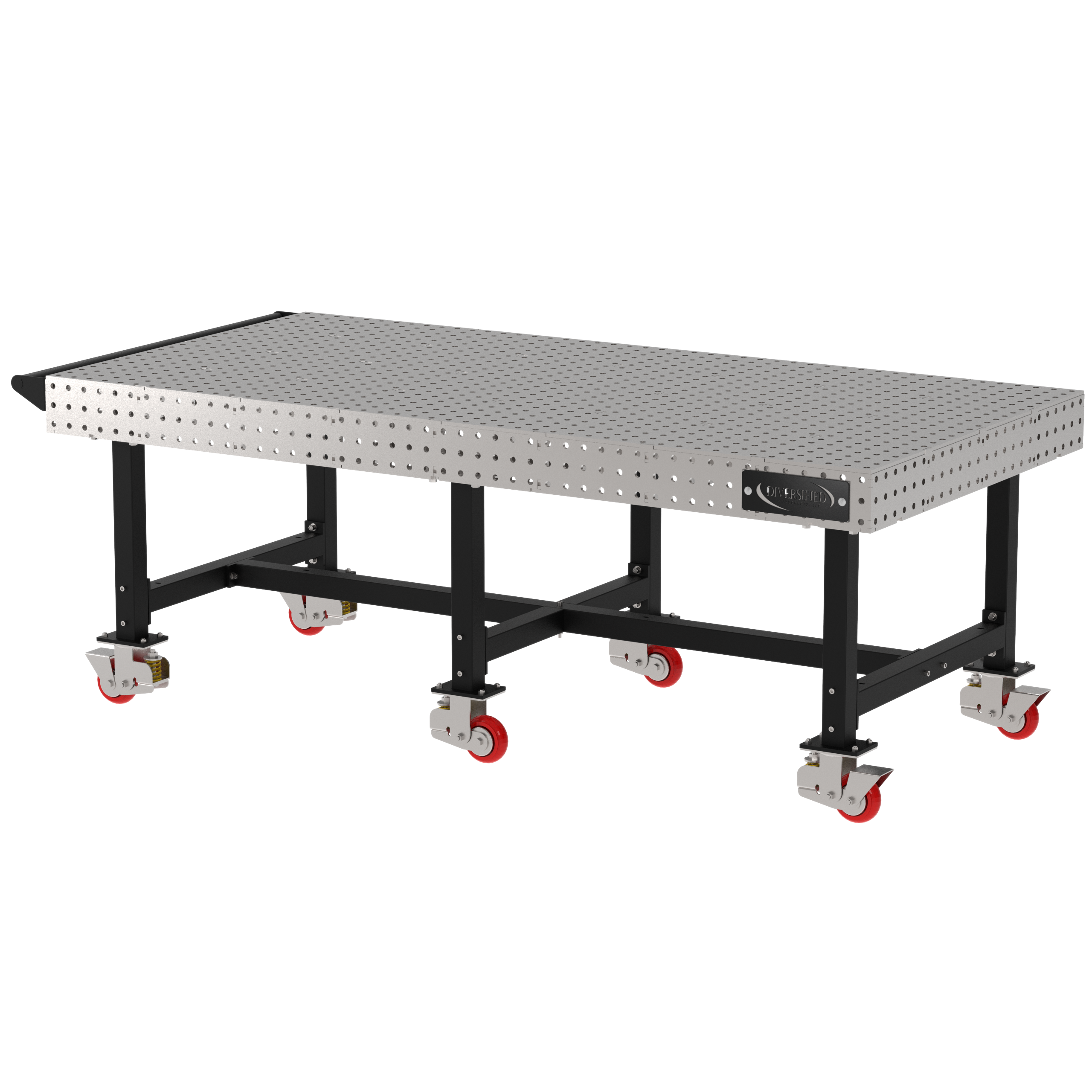 Welding Fixture Table, Fixed Height, 36"H x 96"L x 48"D, 1/4" Carbon Steel Top, Six Black Powdercoat Legs, Handle, 6 Heavy Duty Suspension Casters (4 Locking/Swiveling Casters and 2 Non-Locking/Non-SwivelingCasters)