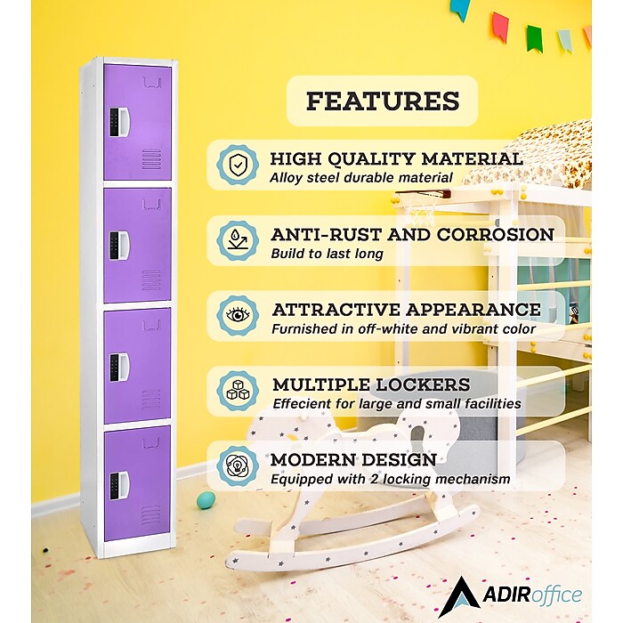 72" H x 12" W  4-Tier Steel Storage Locker with Digital Lock, Purple