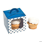 Blue Polka Dot Cupcake Box W/Handle - 12 Pieces