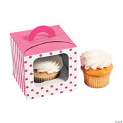 Candy Pink Polka Dot Cupcake Box W/Handl - 12 Pieces