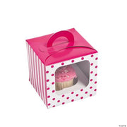 Hot Pink Polka Dot Cupcake Box W/Handle - 12 Pieces