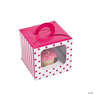 Hot Pink Polka Dot Cupcake Box W/Handle - 12 Pieces