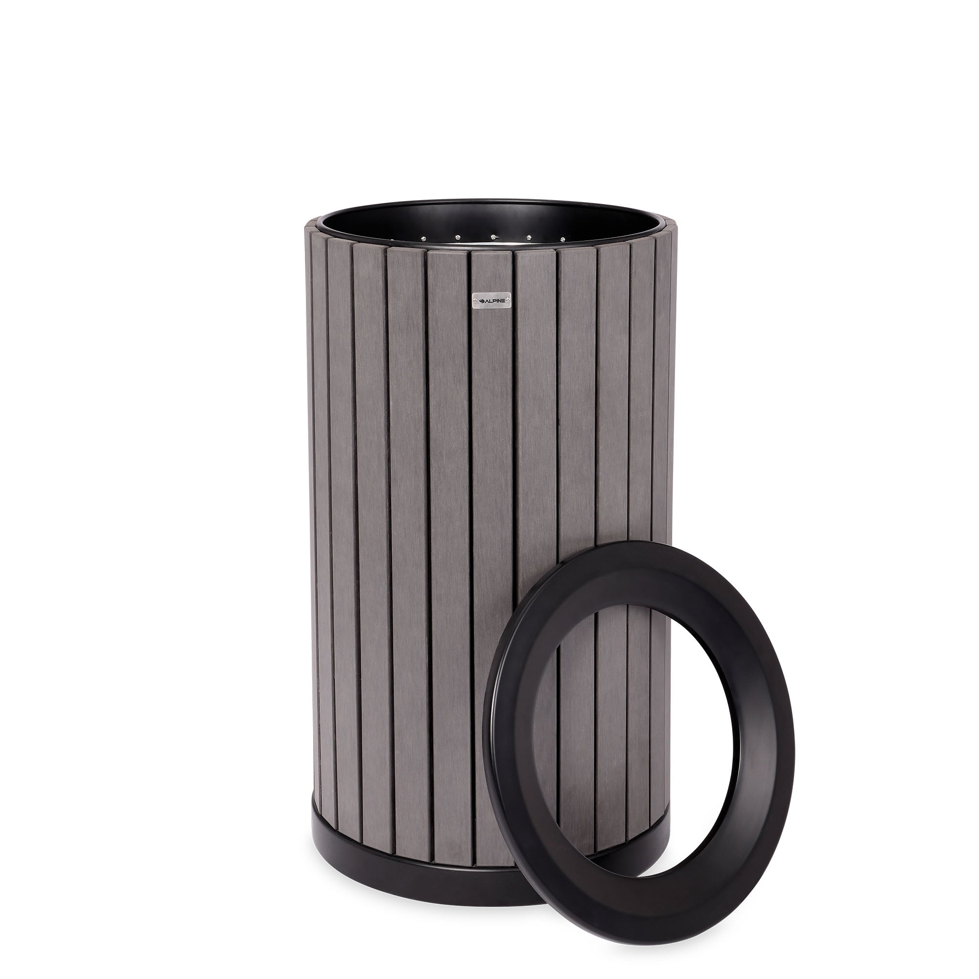 Round, 32-Gallon Outdoor Trash Container with Slatted Recycled Plastic Panels - Grey