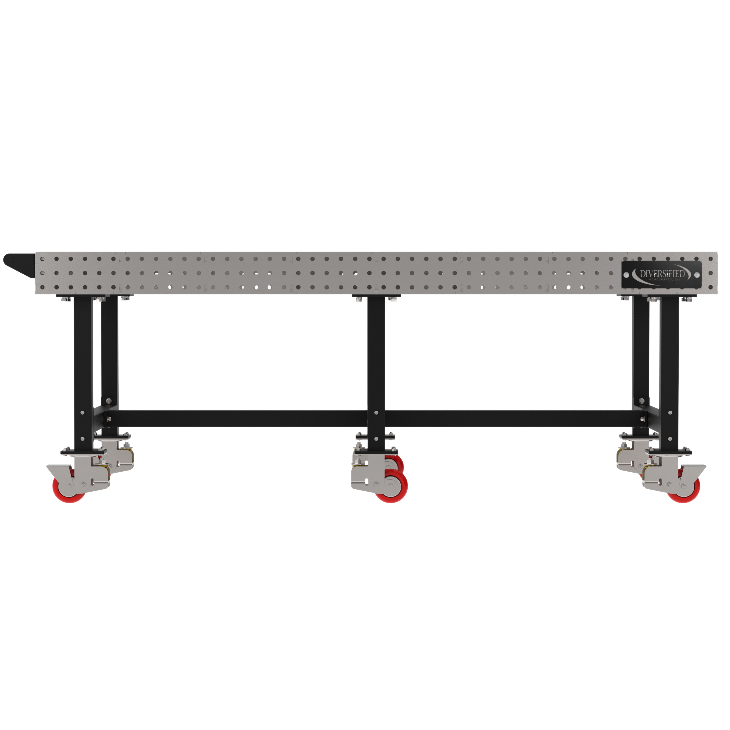 Welding Fixture Table, Fixed Height, 36"H x 96"L x 48"D, 1/4" Carbon Steel Top, Six Black Powdercoat Legs, Handle, 6 Heavy Duty Suspension Casters (4 Locking/Swiveling Casters and 2 Non-Locking/Non-SwivelingCasters)