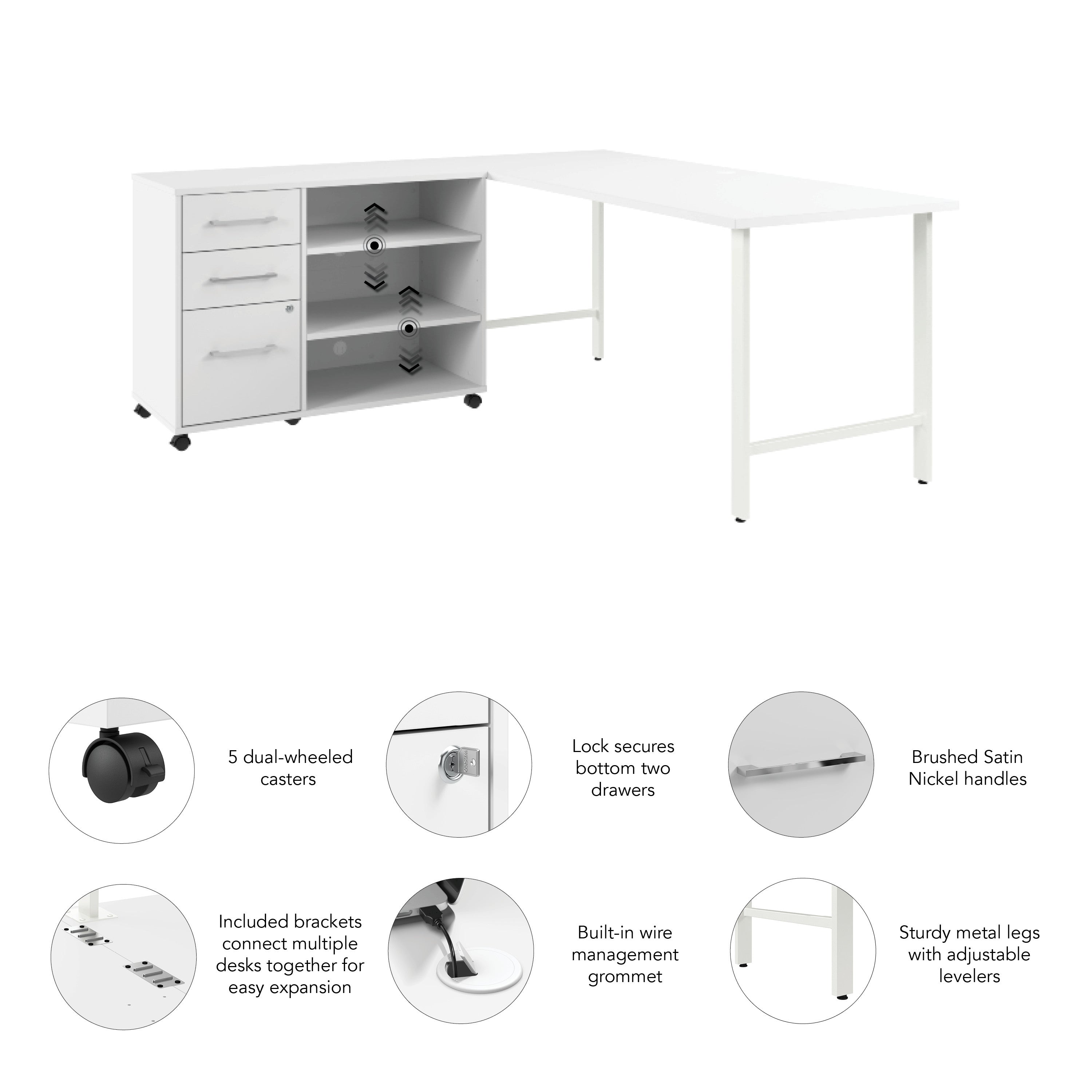 Bush Business Furniture Hustle 72W x 30D Computer Desk and Storage Cabinet with Drawers and Shelves in White - 71.02" Width x 29.37" Depth x 30.07" Height