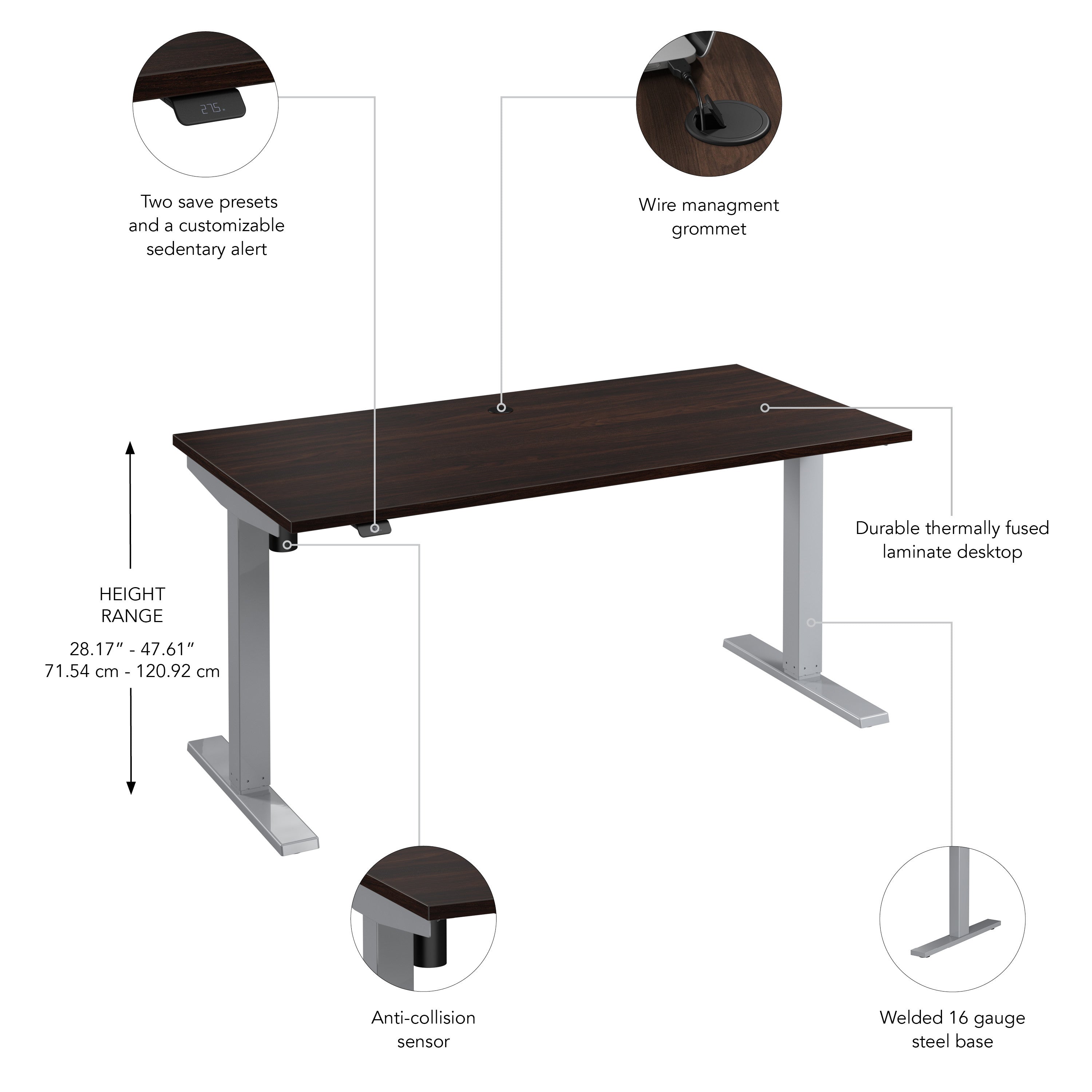 Bush Business Furniture Move 40 Series 60W x 30D Electric Height Adjustable Standing Desk in Black Walnut with Metallic Gray Base - 59.45" Width x 29.37" Depth x 28.17" Height