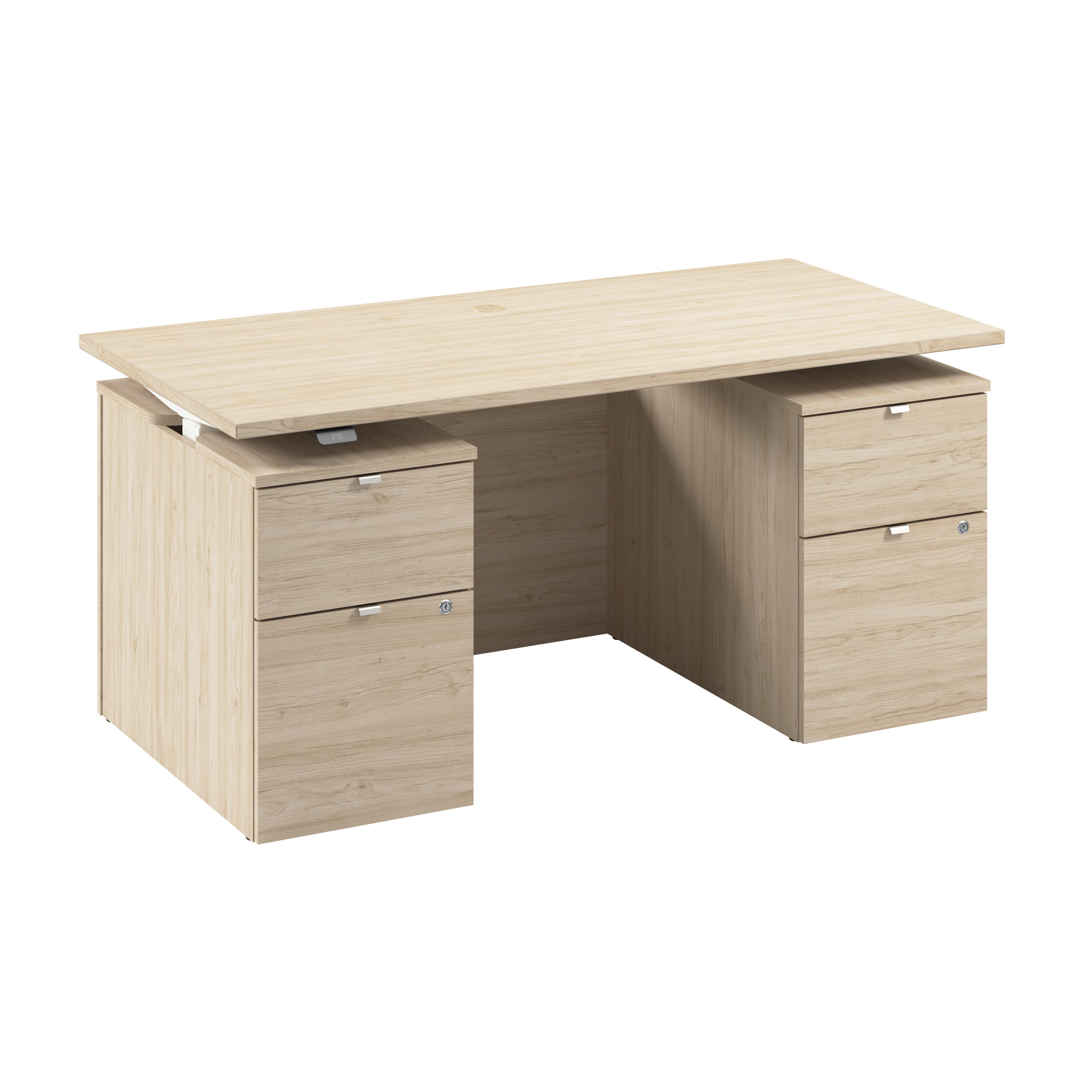 Bush Business Furniture Stratus&nbsp;60W x&nbsp;30D Electric Standing Desk with Drawers and Modesty Panel in Natural Elm with White Base - 59.45" Width x 29.37" Depth x 27.44" Height