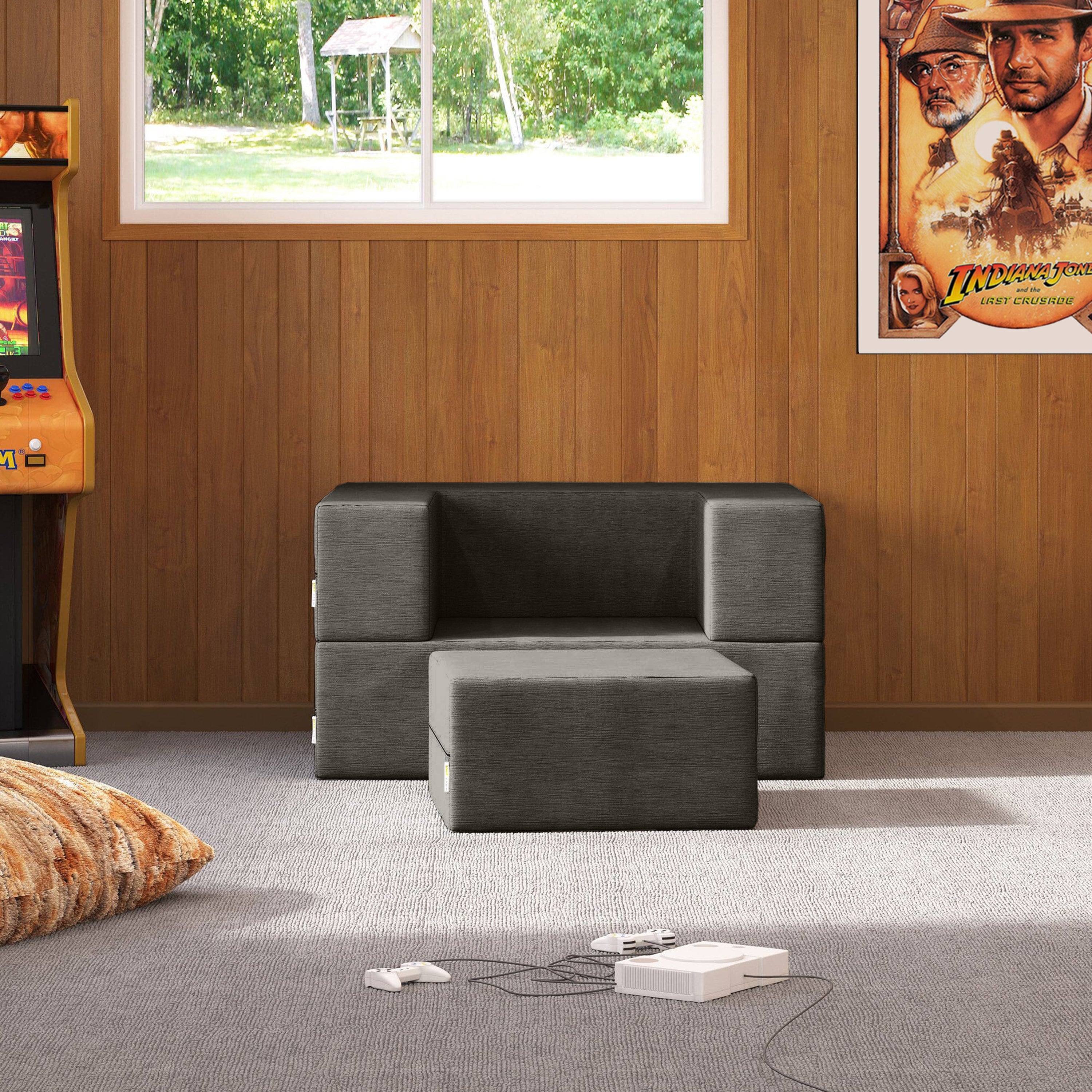 Jaxx Zipline Convertible Sleeper Futon Chair & Ottoman with Machine-Washable Cover, Charcoal