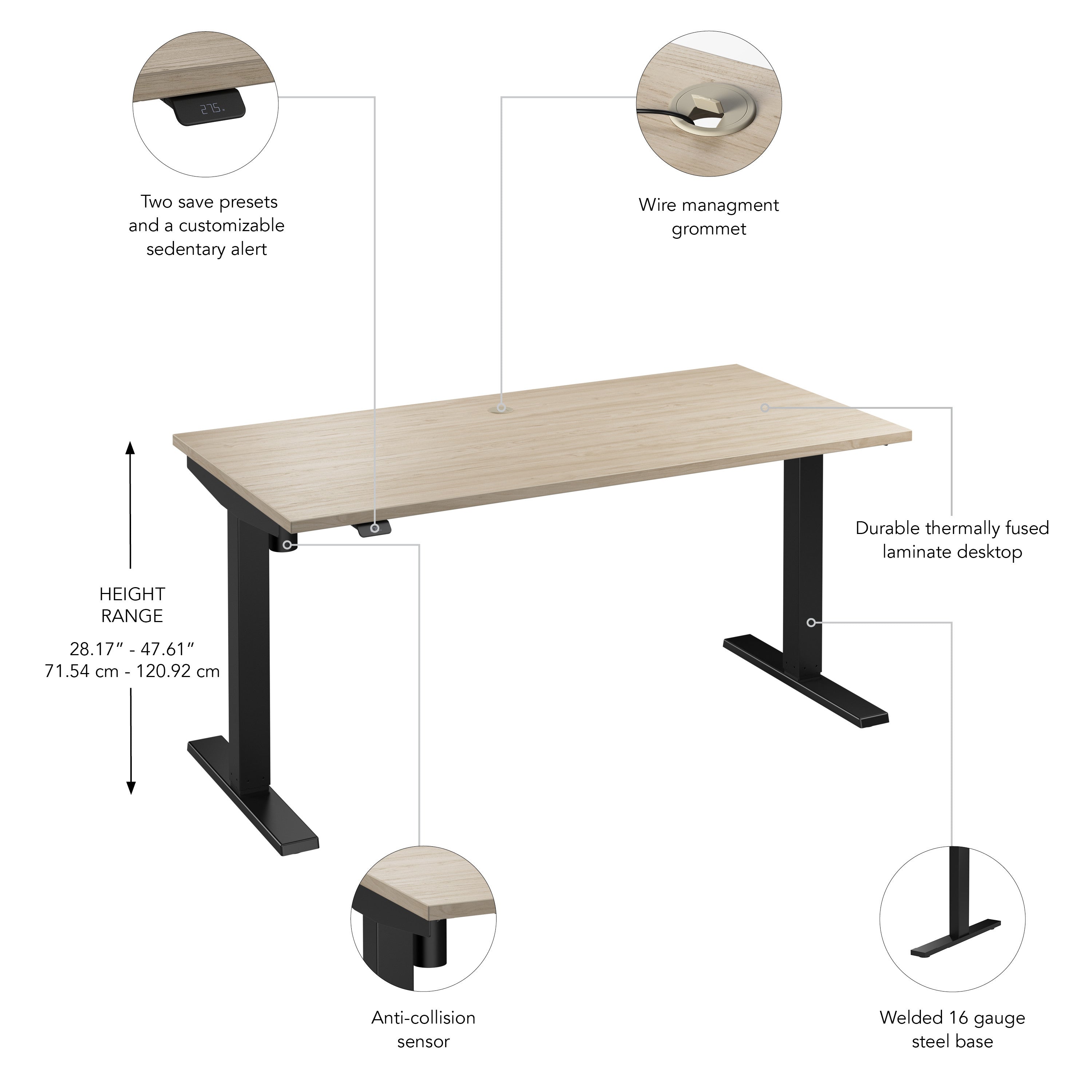 Bush Business Furniture Move 40 Series 60W x 30D Electric Height Adjustable Standing Desk in Natural Elm with Black Base - 59.45" Width x 29.37" Depth x 28.17" Height