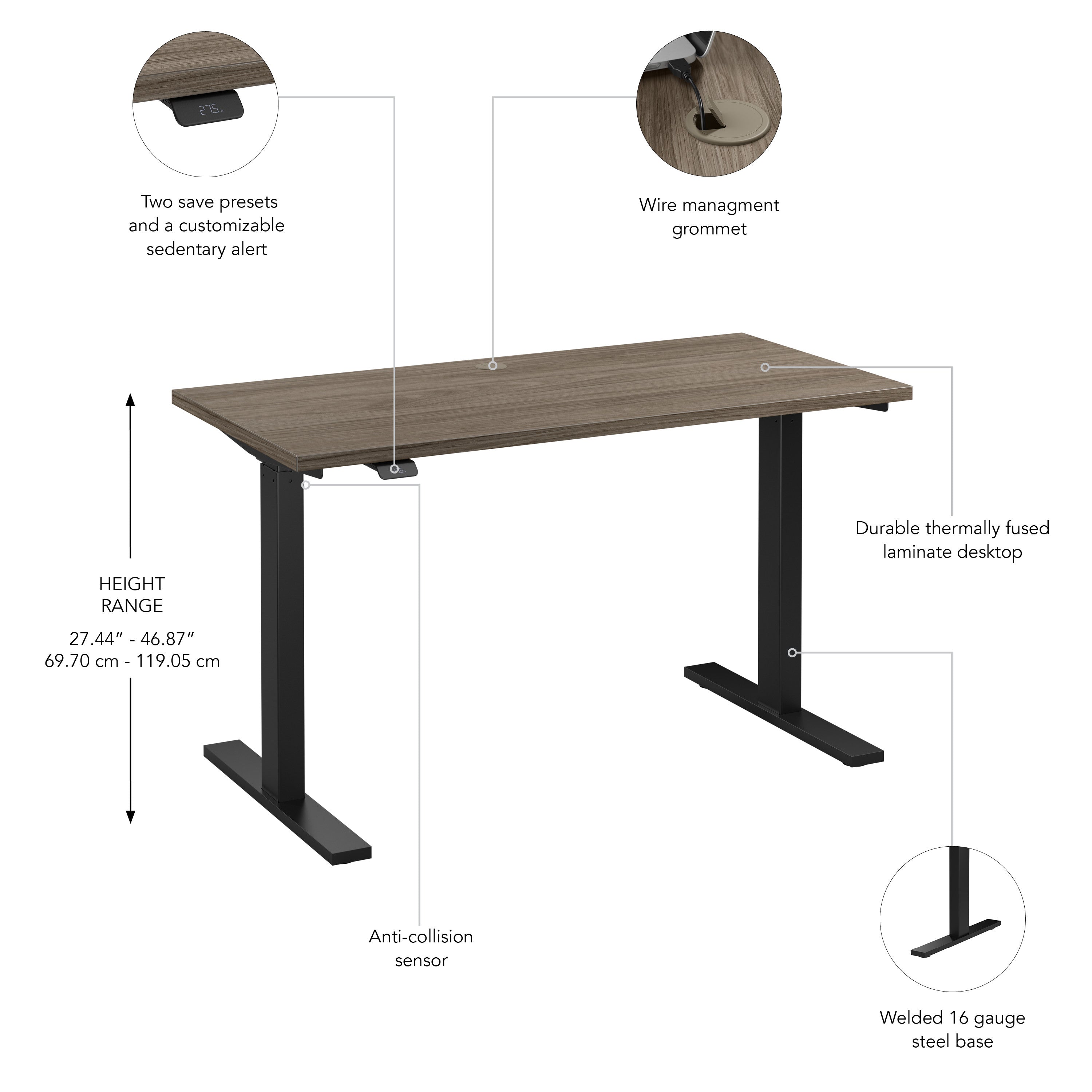 Bush Business Furniture Move 60 Series 48W x 24D Electric Height Adjustable Standing Desk in Modern Hickory with Black Base - 47.6" Width x 23.62" Depth x 47.69" Height