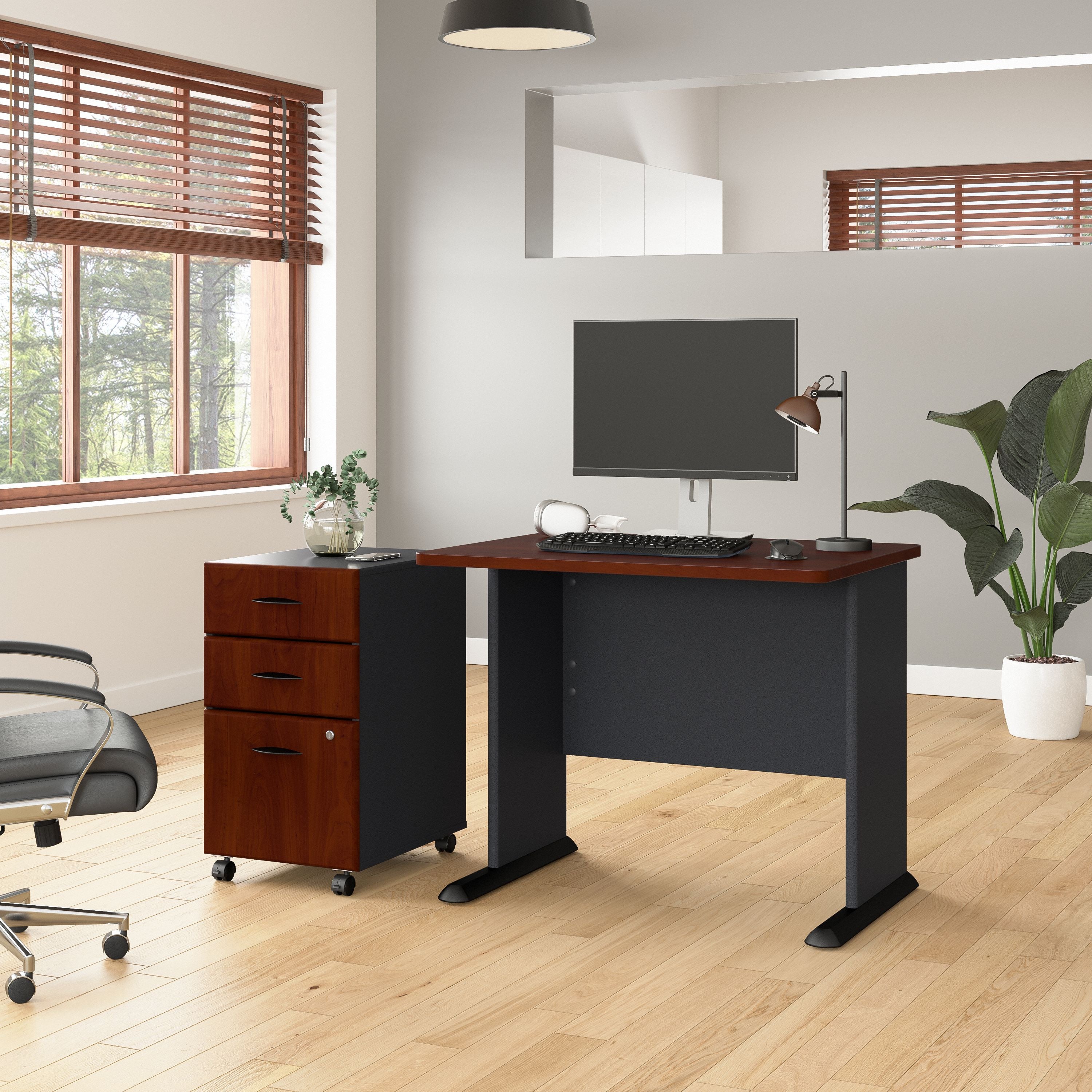Bush Business Furniture Series A 36W Desk with Mobile File Cabinet in Hansen Cherry and Galaxy - 51.3" Width x 26.81" Depth x 29.66" Height