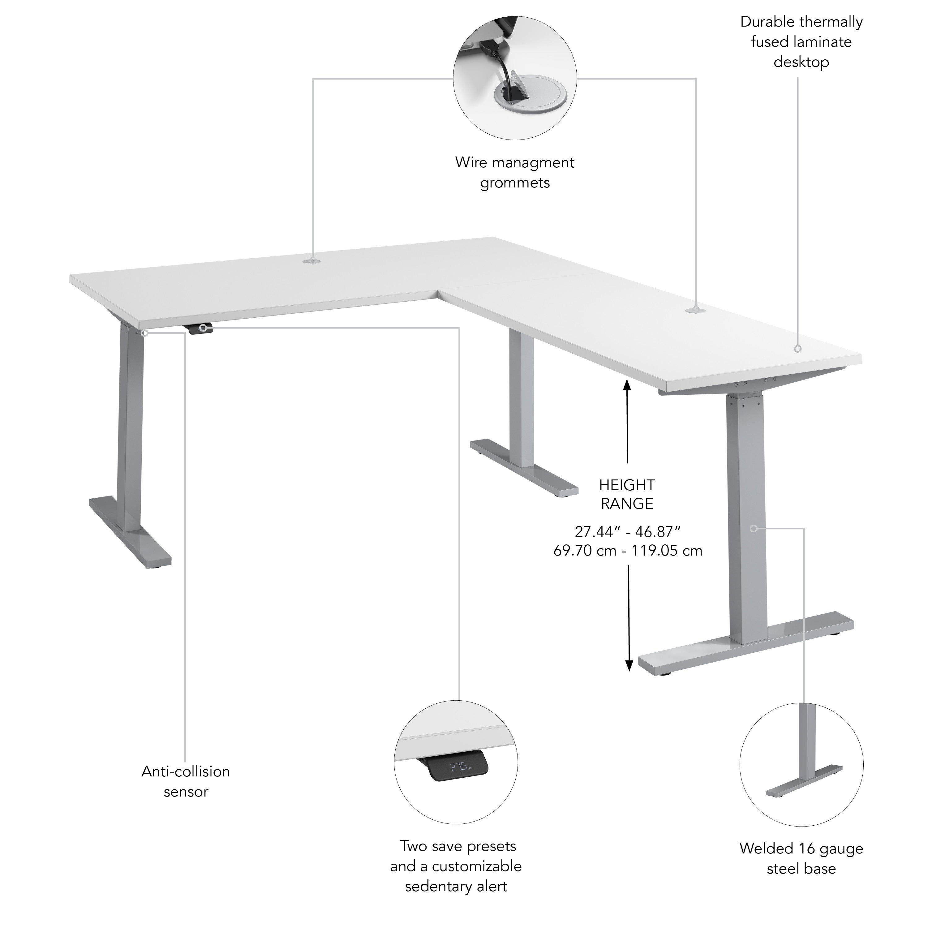 Bush Business Furniture Move 60 Series 60W Height Adjustable L Shaped Standing Desk in White with Metallic Gray Base - 59.45" Width x 76.97" Depth x 27.44" Height